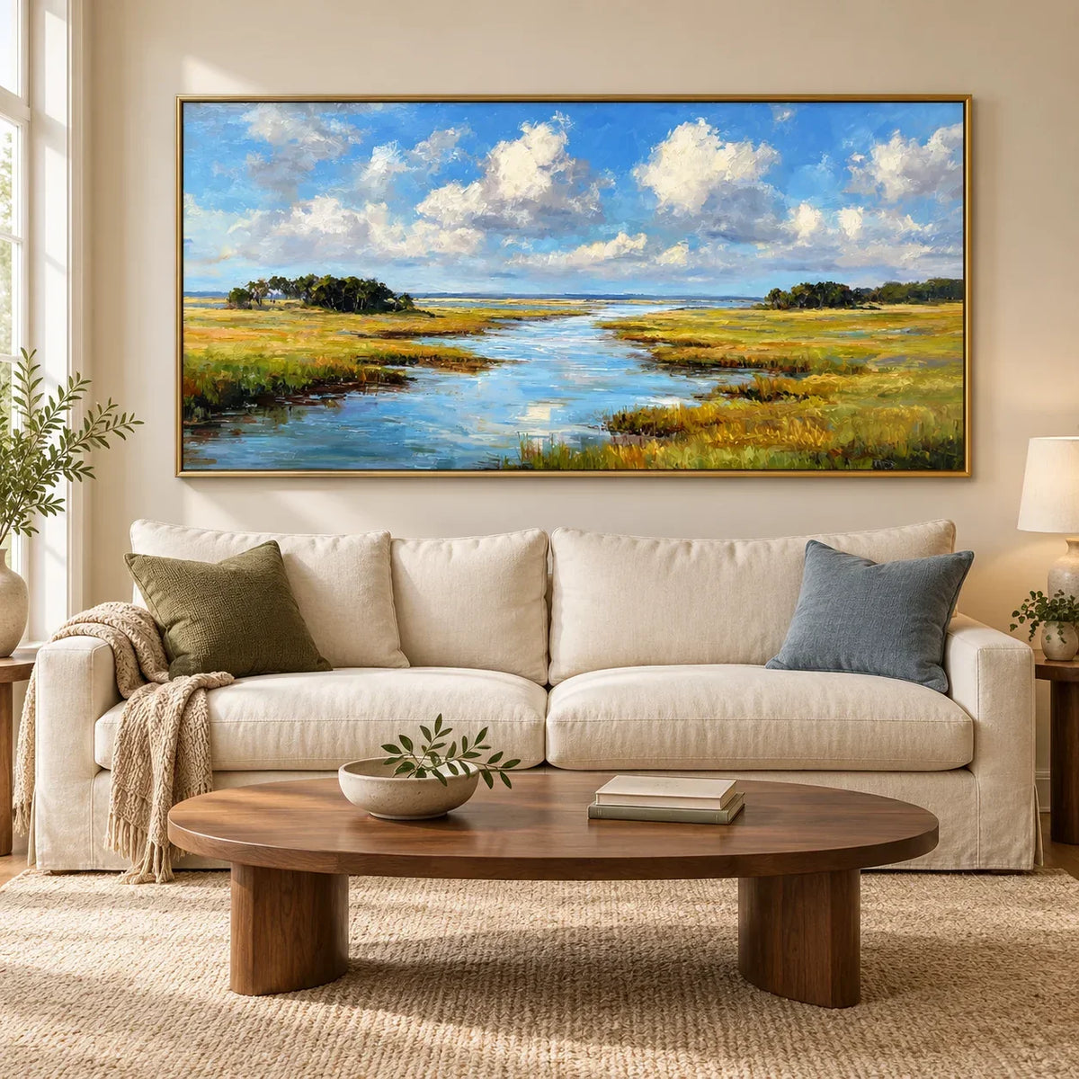 Ownanart Hand-Painted Wetland River Landscape Oil Painting – Blue Sky, White Clouds and Golden Meadow Panoramic Wall Art