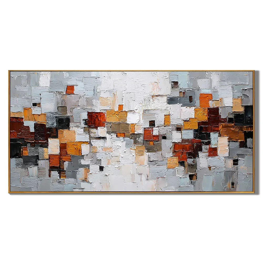 Modern Geometric Abstract Oil Painting – Gray Orange Textured Wall Art#OA 0902