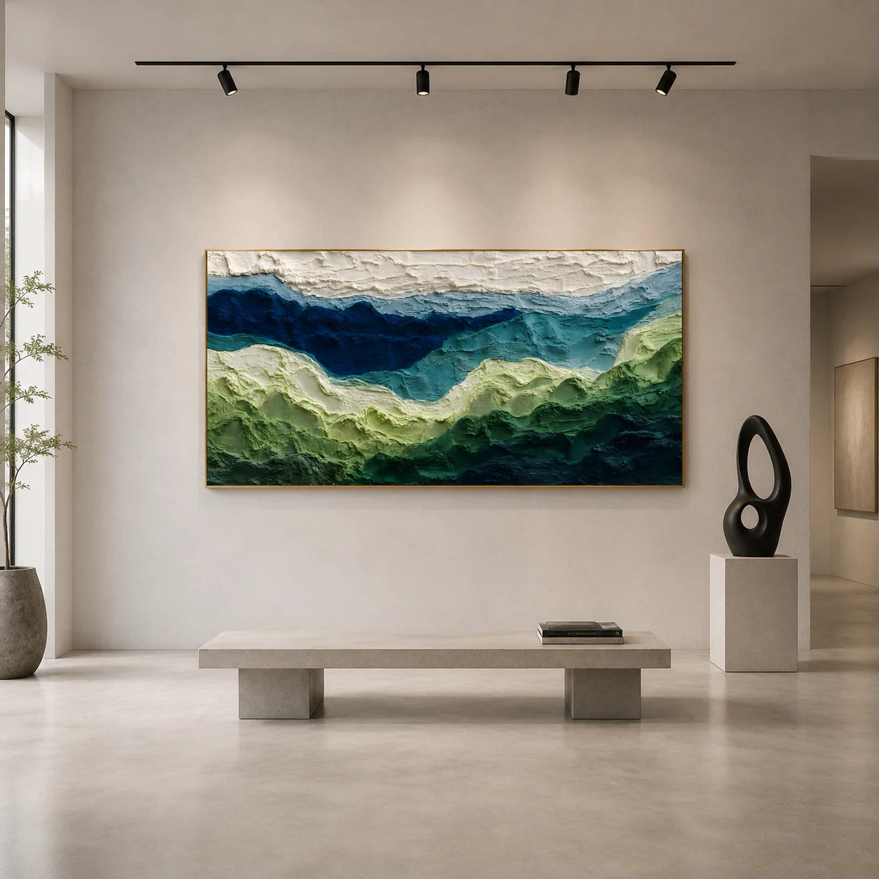 100% Hand-Painted Abstract Mountain Landscape Oil Painting | Modern Green Hills Textured Wall Art | Original Impasto Nature Landscape Canvas | Panoramic Contemporary Artwork for Living Room by Ownanart # OA 1192