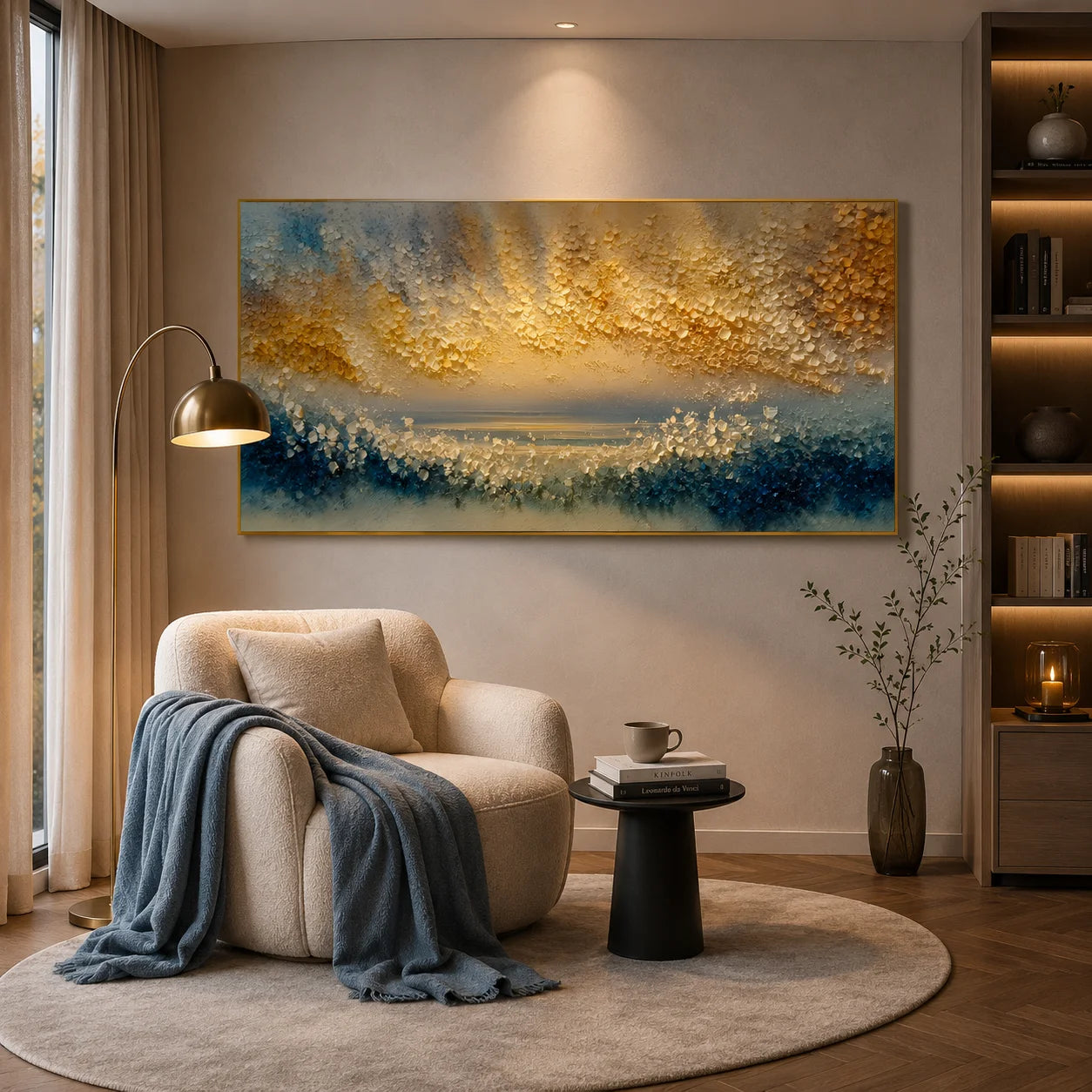 100% Hand-Painted Abstract Sunrise Seascape Oil Painting | Modern Golden Horizon Ocean Wall Art | Original Blue & Gold Textured Coastal Canvas | Contemporary Impasto Artwork for Living Room by Ownanart # OA 1193