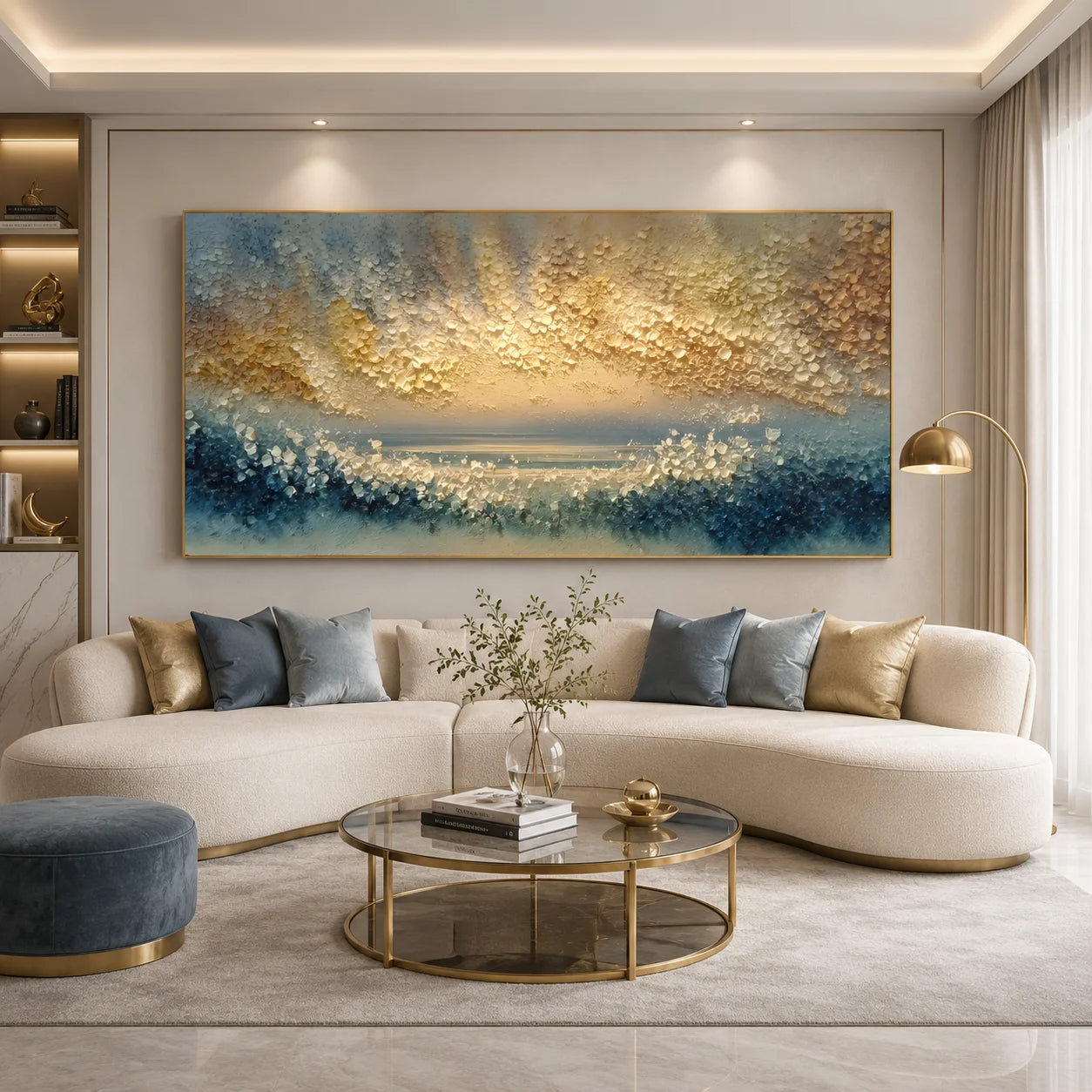 100% Hand-Painted Abstract Sunrise Seascape Oil Painting | Modern Golden Horizon Ocean Wall Art | Original Blue & Gold Textured Coastal Canvas | Contemporary Impasto Artwork for Living Room by Ownanart # OA 1193