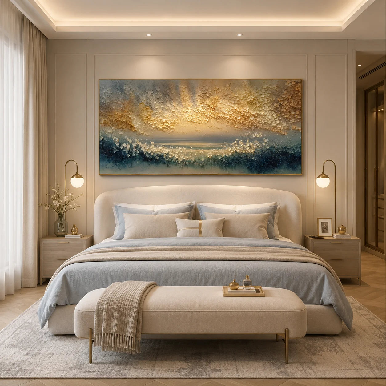 100% Hand-Painted Abstract Sunrise Seascape Oil Painting | Modern Golden Horizon Ocean Wall Art | Original Blue & Gold Textured Coastal Canvas | Contemporary Impasto Artwork for Living Room by Ownanart # OA 1193