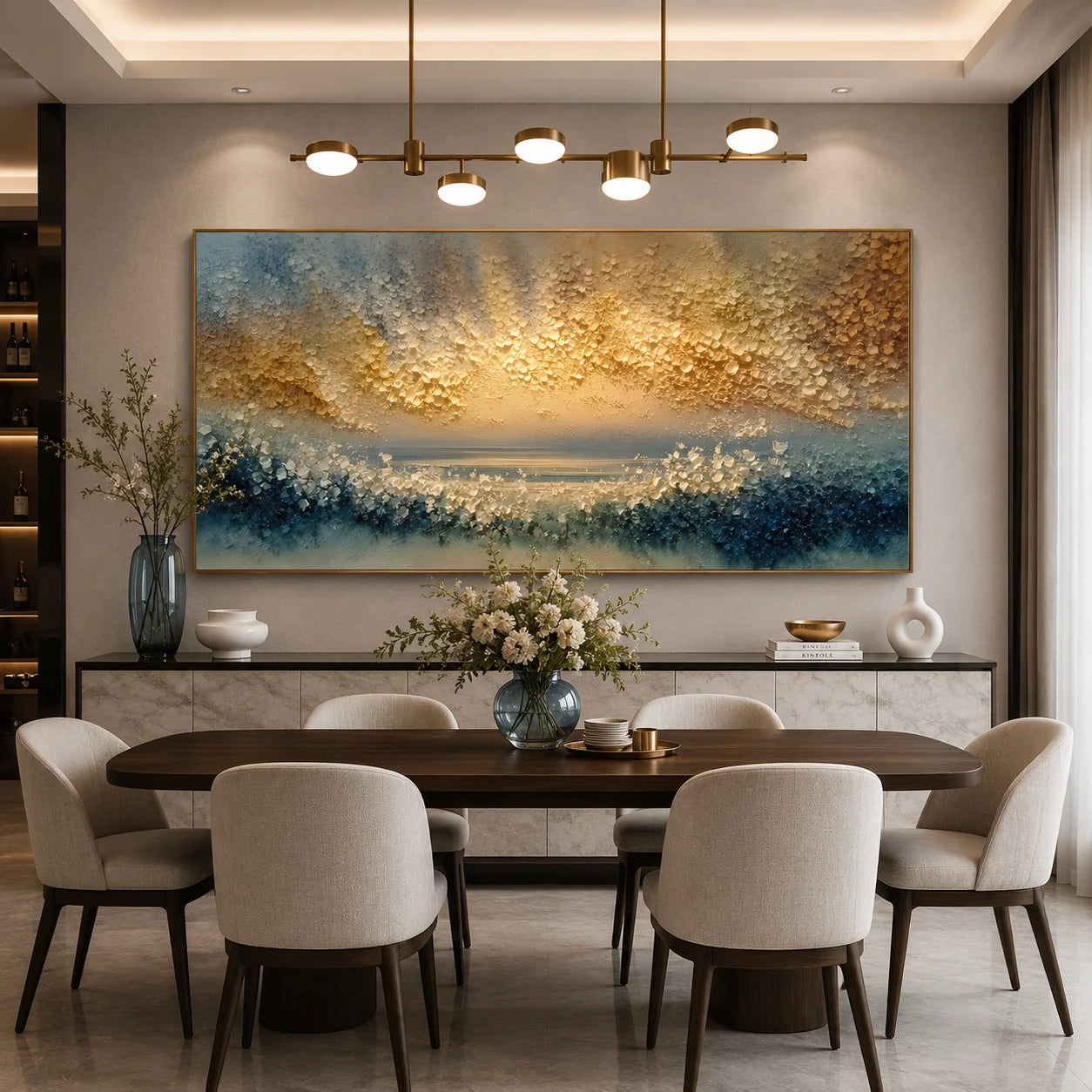 100% Hand-Painted Abstract Sunrise Seascape Oil Painting | Modern Golden Horizon Ocean Wall Art | Original Blue & Gold Textured Coastal Canvas | Contemporary Impasto Artwork for Living Room by Ownanart # OA 1193