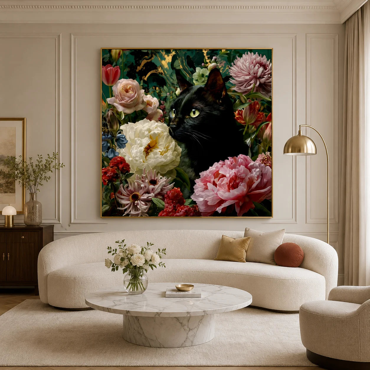 100% Hand-Painted Black Cat Floral Oil Painting | Modern Garden Cat Wall Art | Original Pet Portrait Flower Canvas | Botanical Cat Home Decor by Ownanart # OA 1177