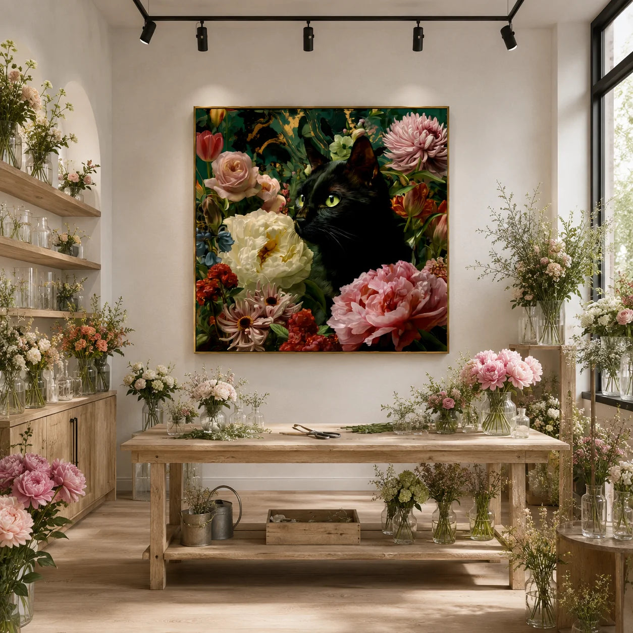 100% Hand-Painted Black Cat Floral Oil Painting | Modern Garden Cat Wall Art | Original Pet Portrait Flower Canvas | Botanical Cat Home Decor by Ownanart # OA 1177