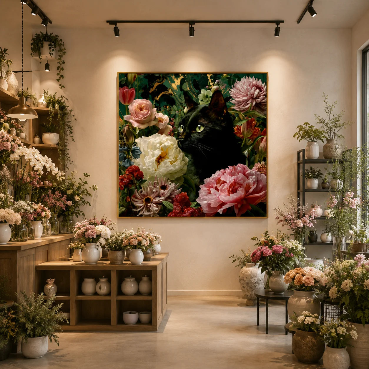 100% Hand-Painted Black Cat Floral Oil Painting | Modern Garden Cat Wall Art | Original Pet Portrait Flower Canvas | Botanical Cat Home Decor by Ownanart # OA 1177