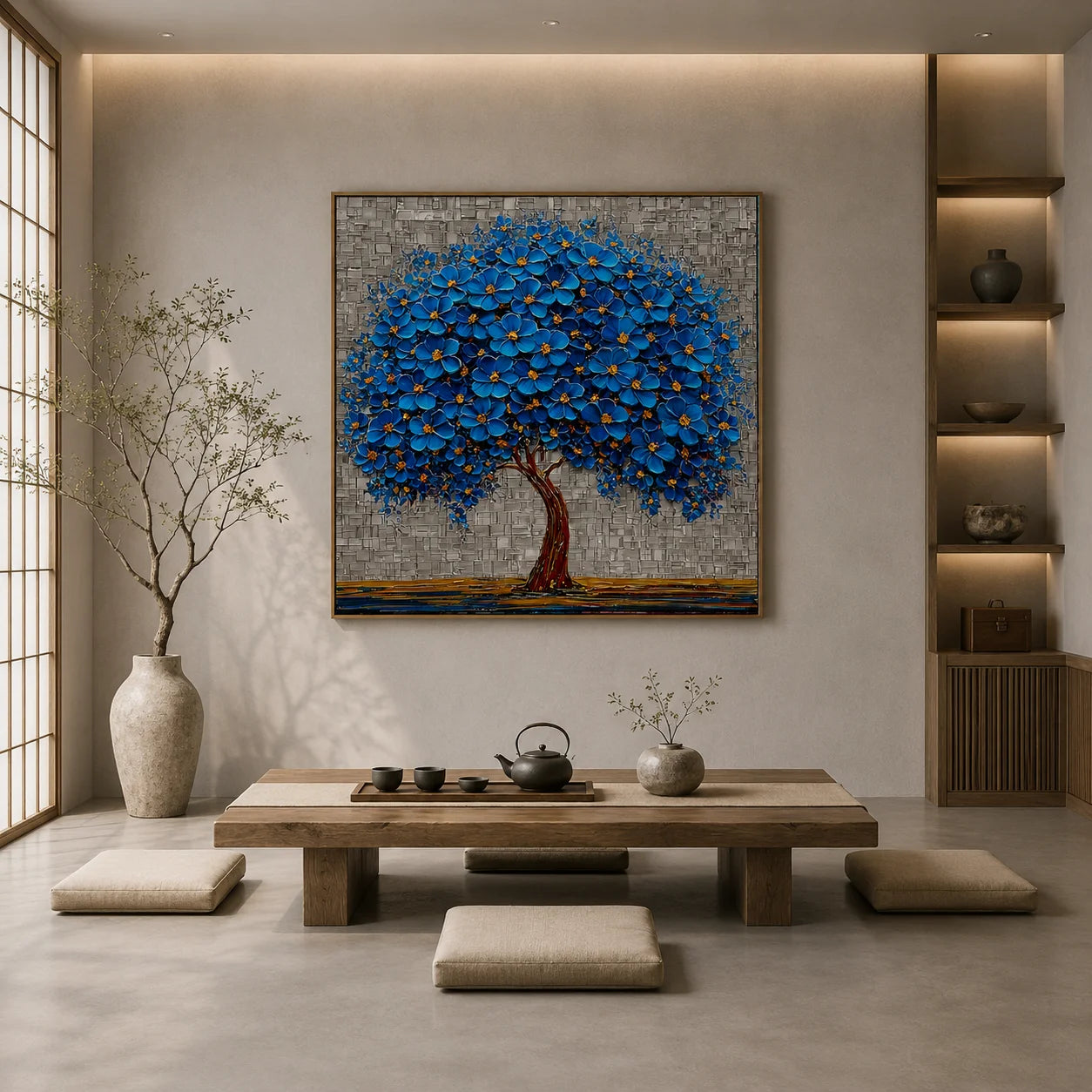 100% Hand-Painted Blue Blossom Tree Oil Painting | Modern Abstract Tree of Life Wall Art | Original Blue Floral Impasto Canvas by Ownanart # OA 1168