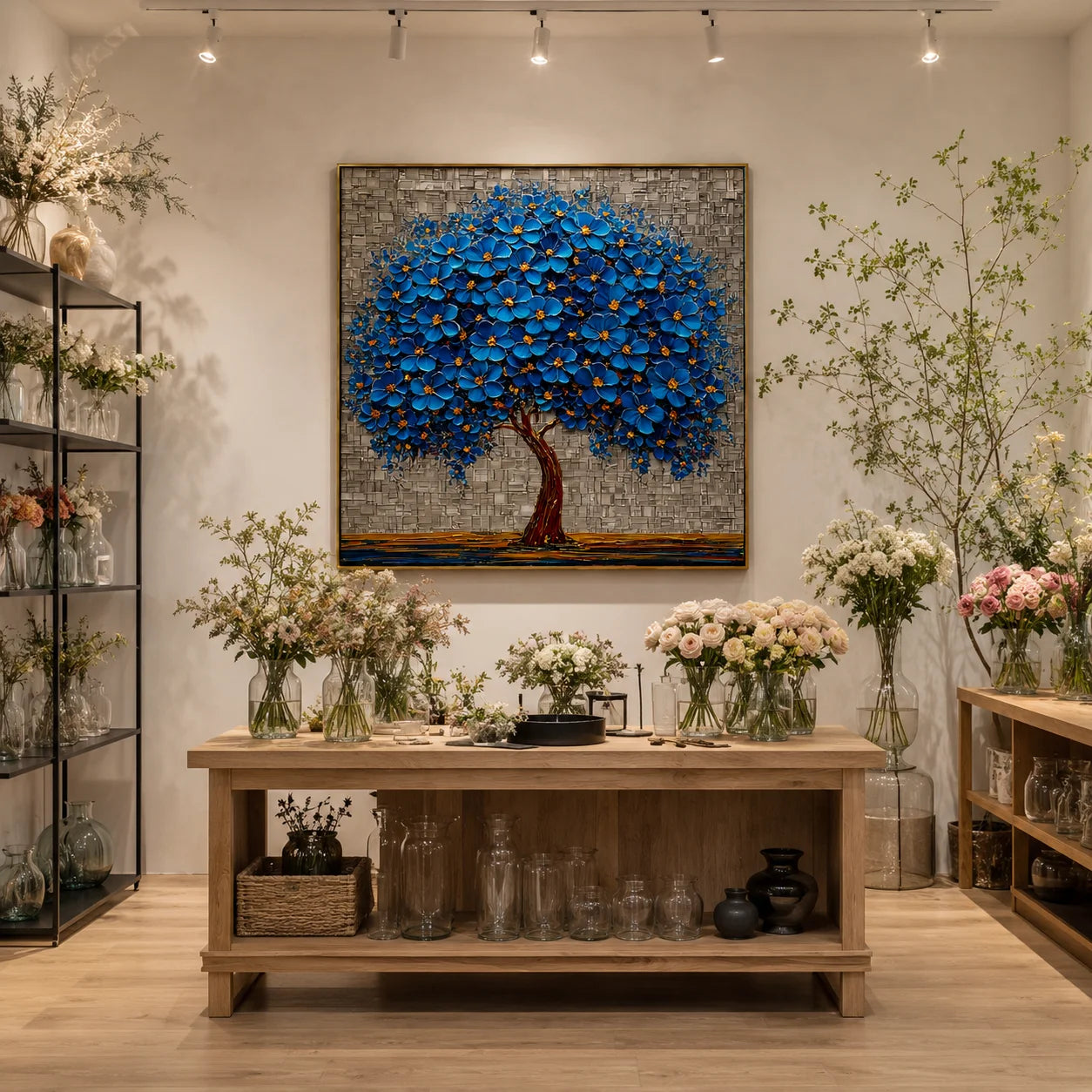 100% Hand-Painted Blue Blossom Tree Oil Painting | Modern Abstract Tree of Life Wall Art | Original Blue Floral Impasto Canvas by Ownanart # OA 1168