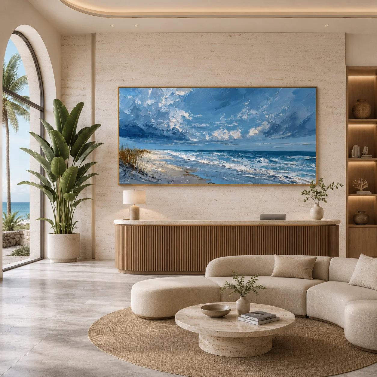 100% Hand-Painted Coastal Landscape Oil Painting | Modern Blue Seascape Beach Wall Art | Original Ocean Waves & Sky Impasto Canvas by Ownanart # OA 1181