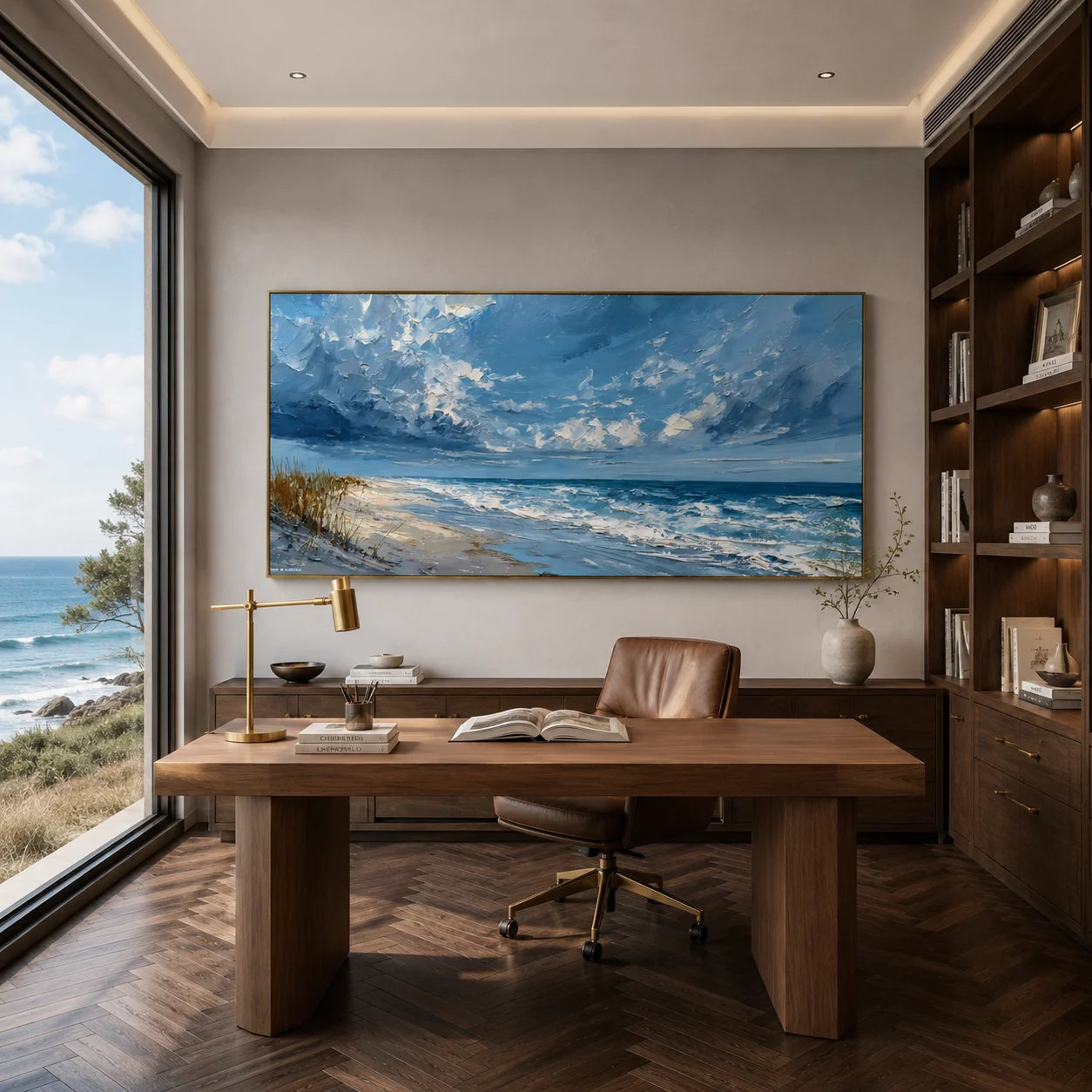 100% Hand-Painted Coastal Landscape Oil Painting | Modern Blue Seascape Beach Wall Art | Original Ocean Waves & Sky Impasto Canvas by Ownanart # OA 1181