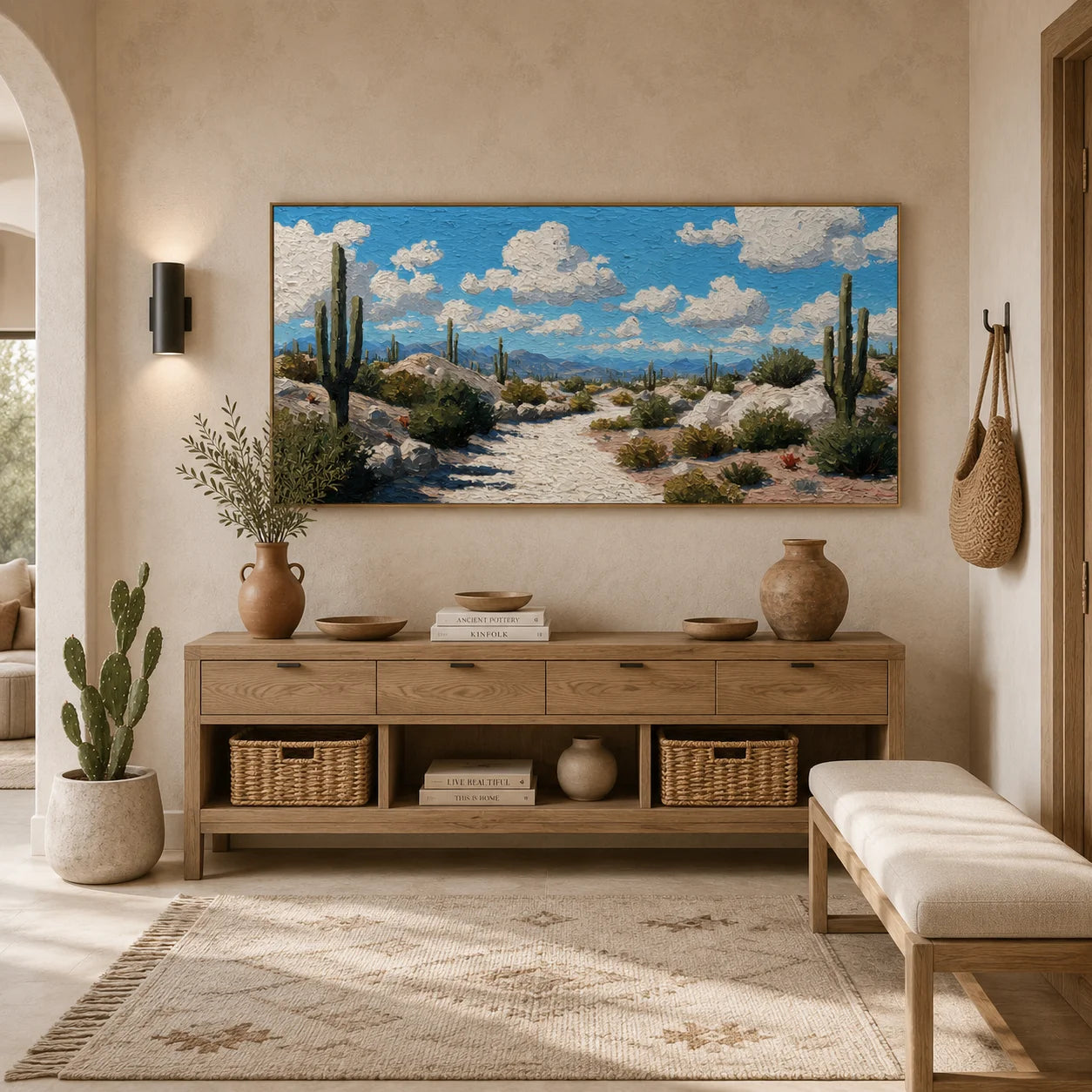 100% Hand-Painted Desert Landscape Oil Painting | Modern Cactus Desert Wall Art | Southwestern Nature Panoramic Canvas | Original Impasto Landscape Artwork for Living Room & Office by Ownanart # OA 1189