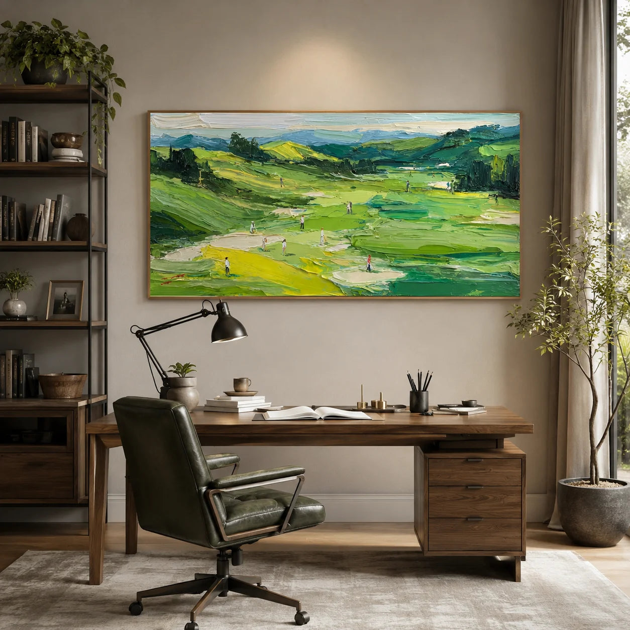 100% Hand-Painted Golf Course Landscape Oil Painting | Modern Green Hills & Countryside Wall Art | Original Impasto Golf Course Scenic Canvas | Nature Landscape Artwork for Living Room by Ownanart # OA 1191