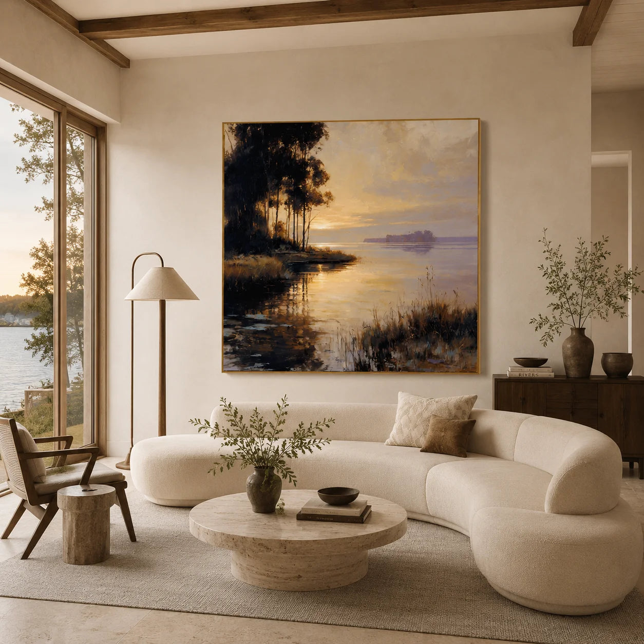 100% Hand-Painted Lakeside Sunset Landscape Oil Painting | Modern Nature Wall Art | Original Forest & Lake Sunset Canvas by Ownanart # OA 1178