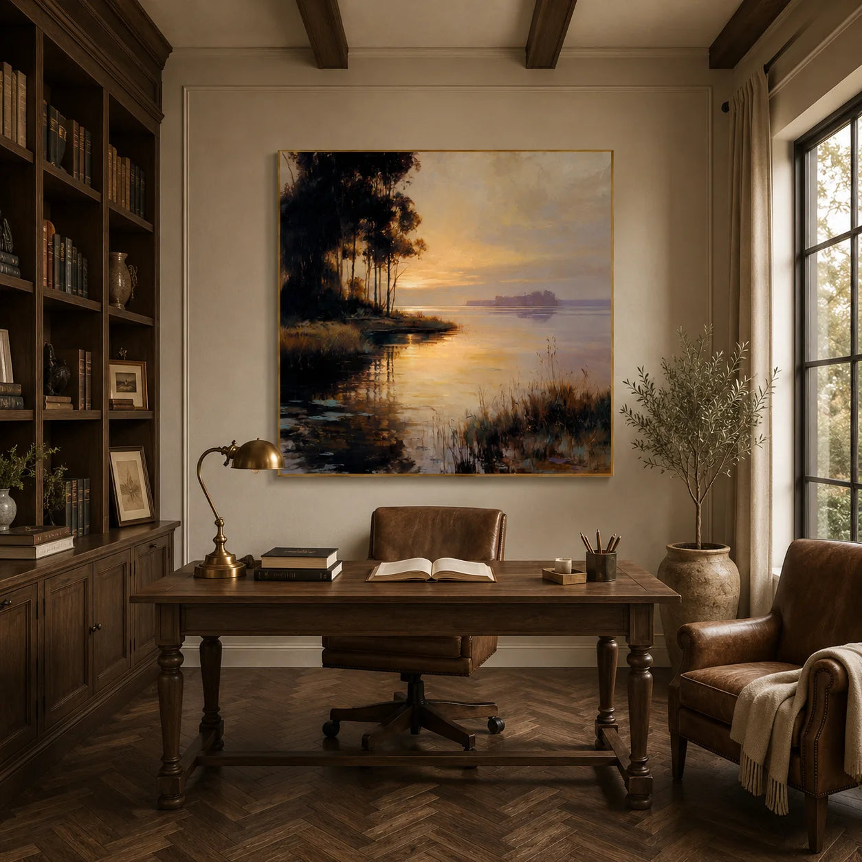 100% Hand-Painted Lakeside Sunset Landscape Oil Painting | Modern Nature Wall Art | Original Forest & Lake Sunset Canvas by Ownanart # OA 1178