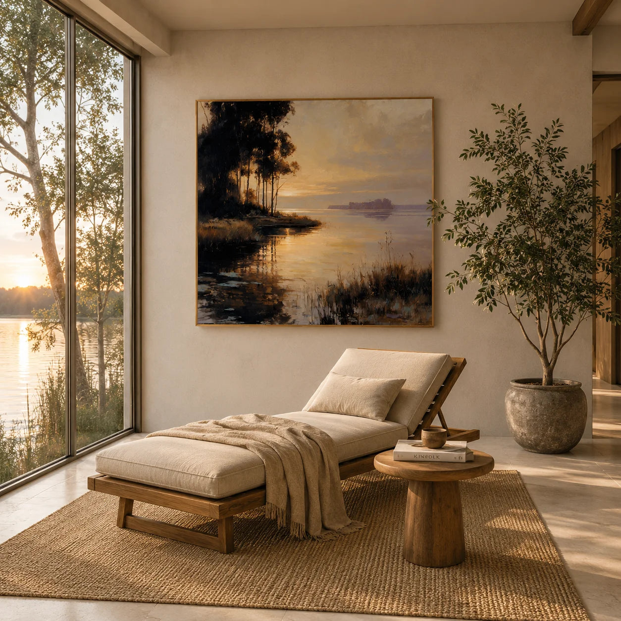 100% Hand-Painted Lakeside Sunset Landscape Oil Painting | Modern Nature Wall Art | Original Forest & Lake Sunset Canvas by Ownanart # OA 1178