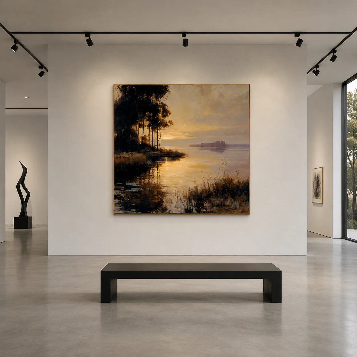 100% Hand-Painted Lakeside Sunset Landscape Oil Painting | Modern Nature Wall Art | Original Forest & Lake Sunset Canvas by Ownanart # OA 1178