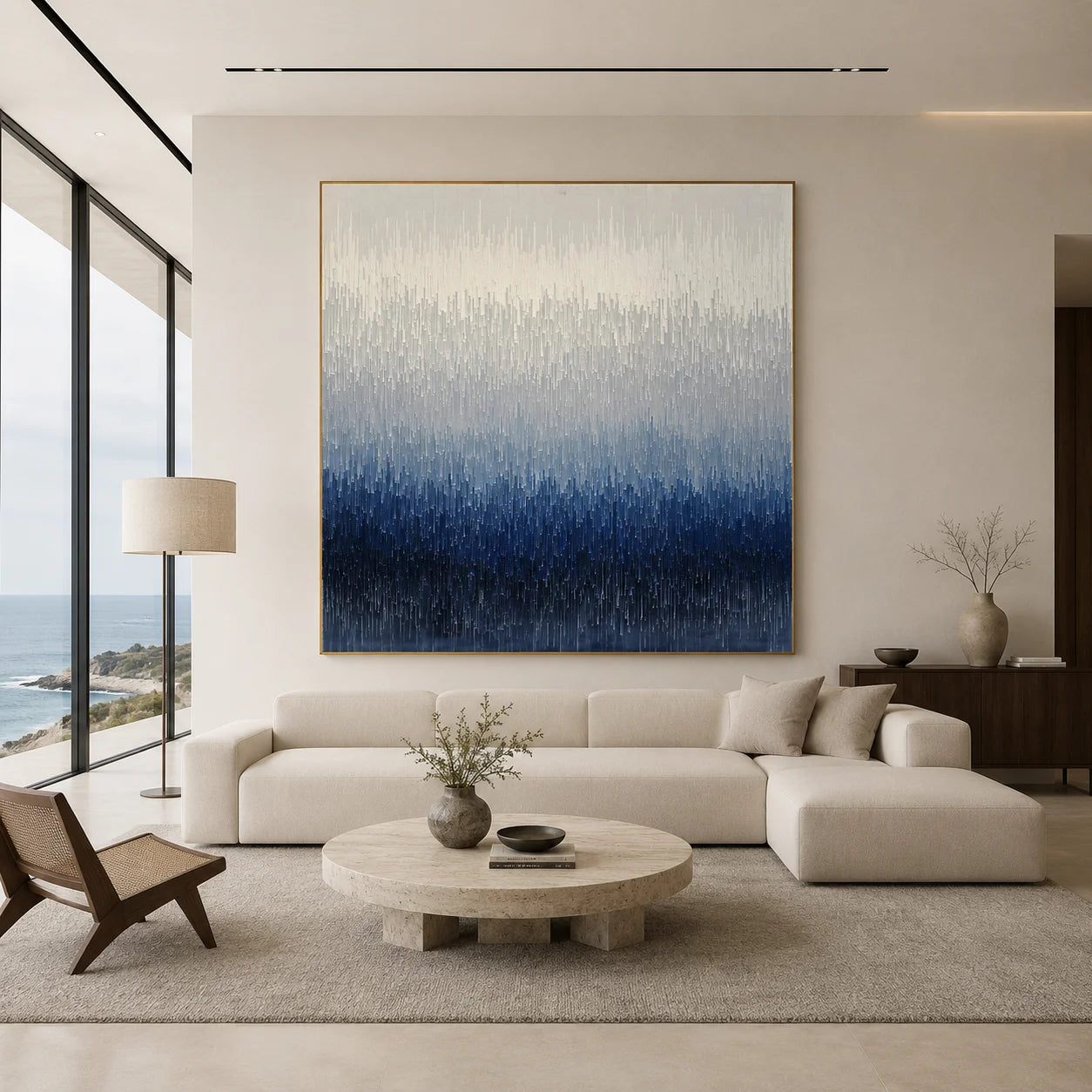 100% Hand-Painted Modern Abstract Blue Gradient Oil Painting | Minimalist Textured Wall Art | Original Blue & White Layered Impasto Canvas by Ownanart # OA 1173