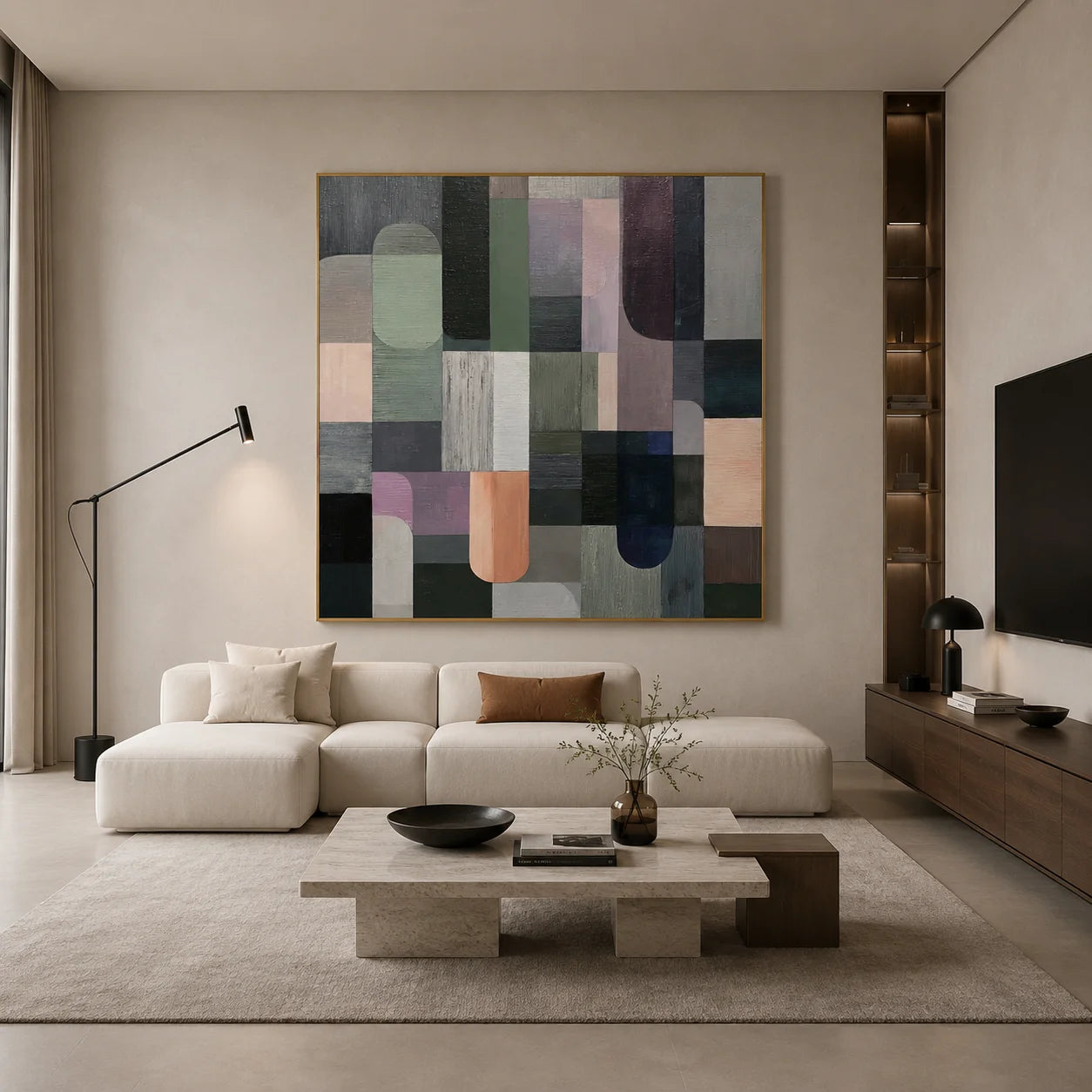 100% Hand-Painted Modern Abstract Geometric Oil Painting | Minimalist Color Block Wall Art | Original Neutral Geometric Canvas by Ownanart # OA 1172