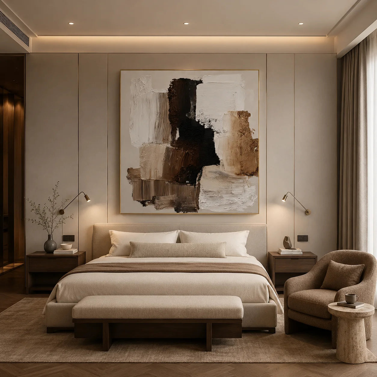 100% Hand-Painted Modern Abstract Geometric Oil Painting | Neutral Beige Textured Wall Art | Original Minimalist Impasto Canvas by Ownanart # OA 1171