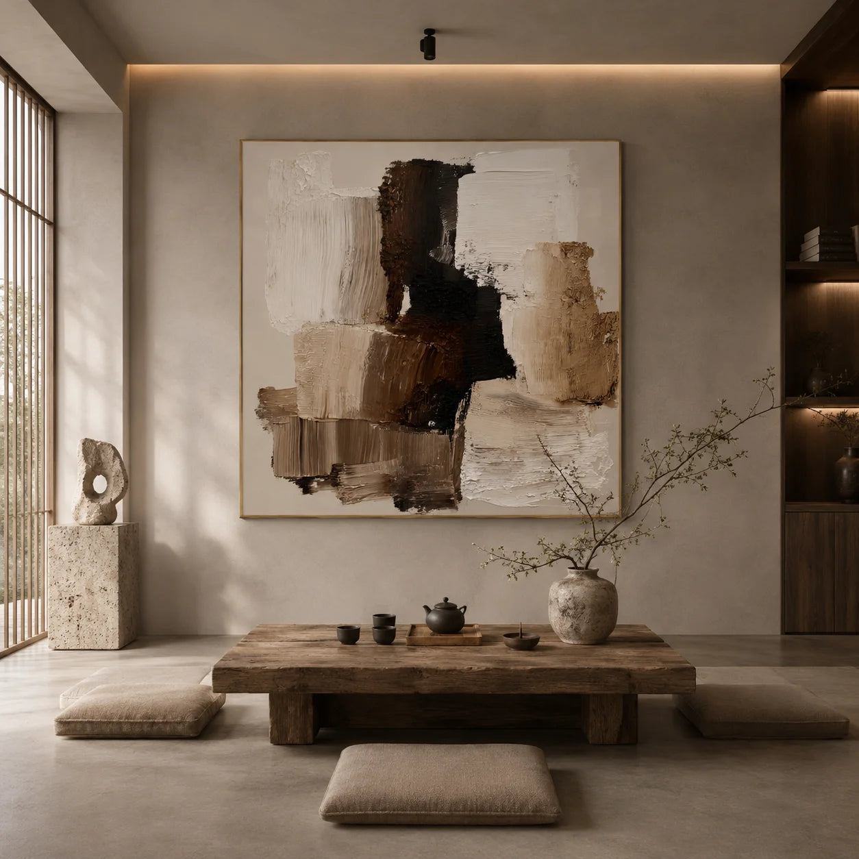 100% Hand-Painted Modern Abstract Geometric Oil Painting | Neutral Beige Textured Wall Art | Original Minimalist Impasto Canvas by Ownanart # OA 1171