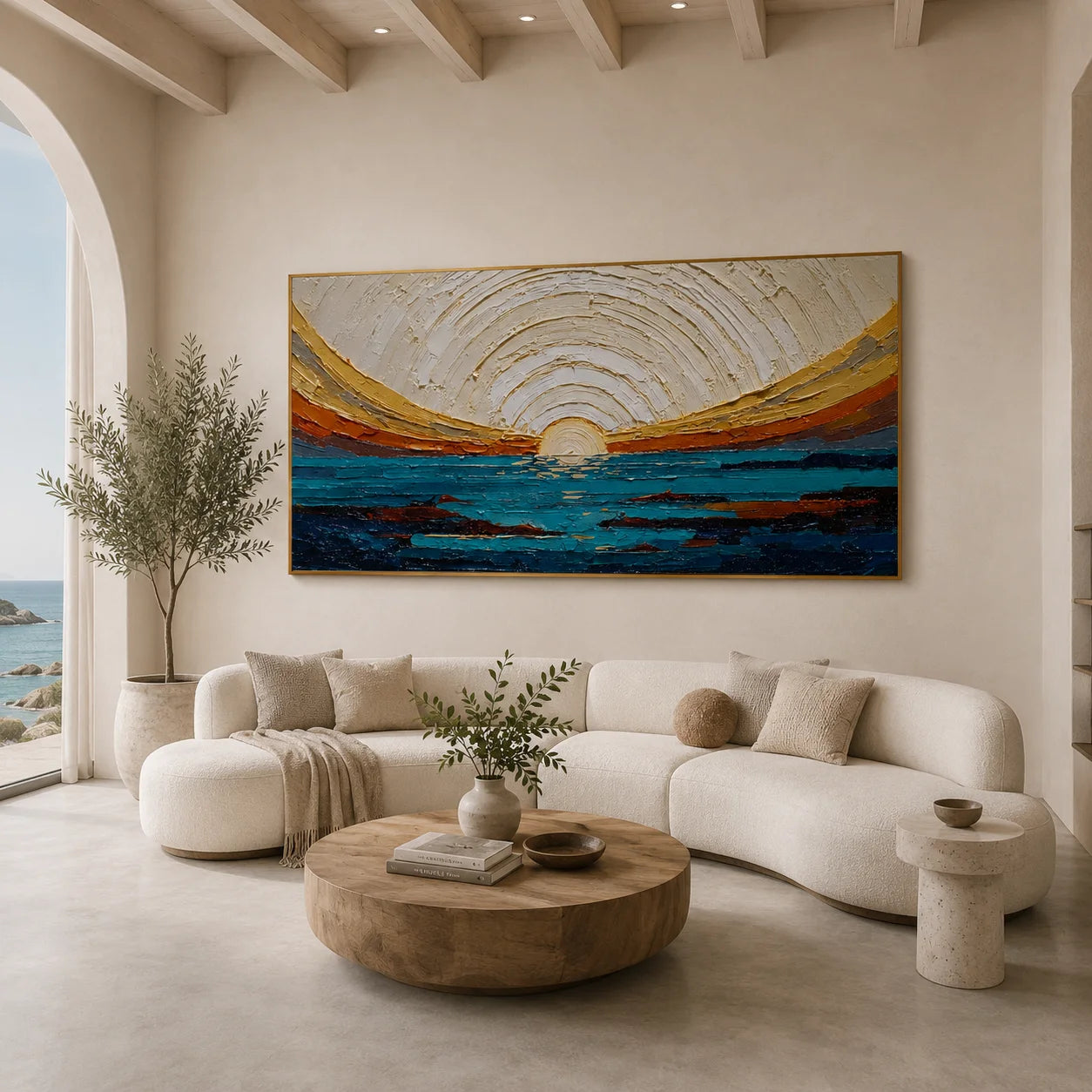 100% Hand-Painted Modern Abstract Ocean Sunrise Oil Painting | Textured Impasto Seascape Wall Art | Minimalist Coastal Horizon Panoramic Canvas | Original Contemporary Seascape Artwork by Ownanart # OA 1185