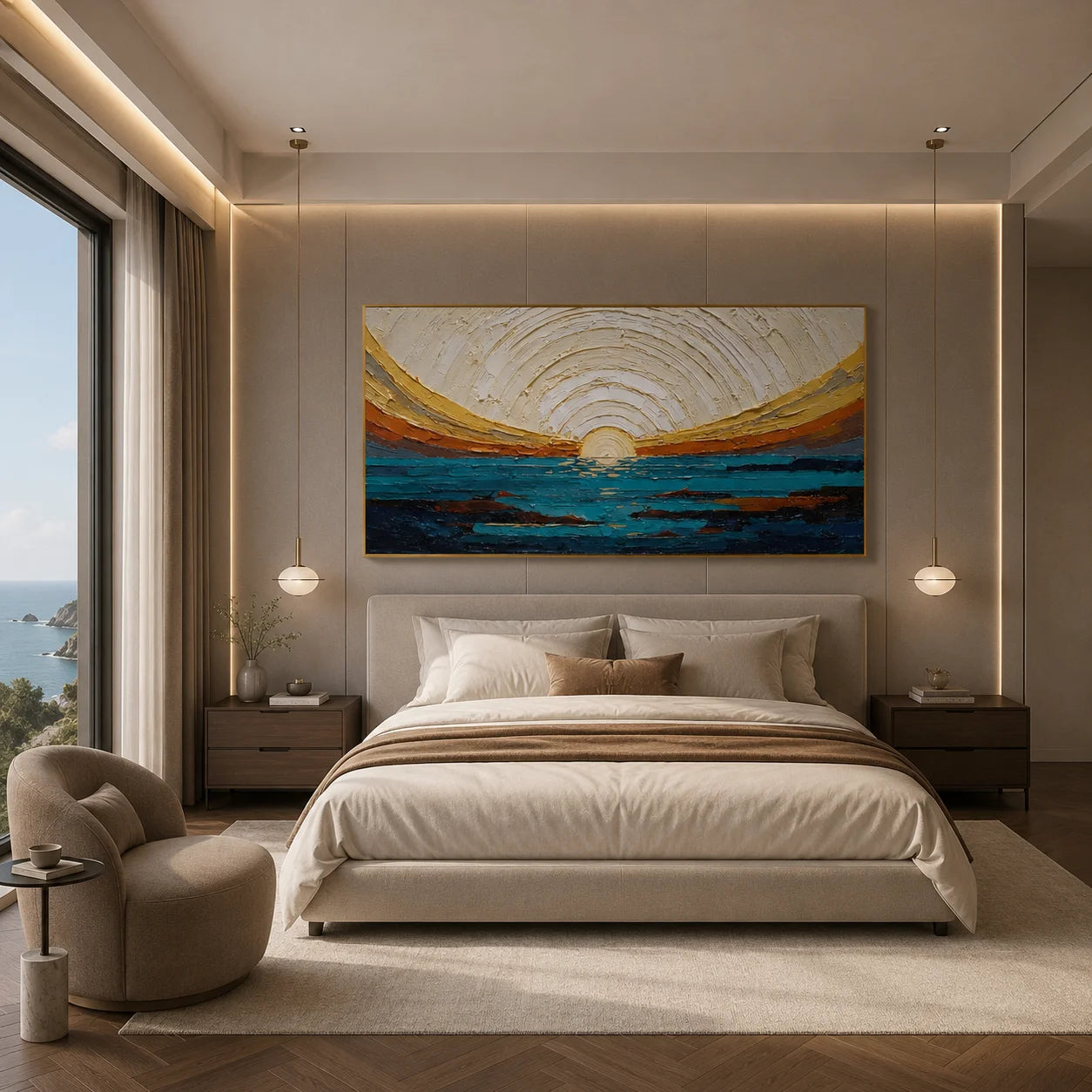 100% Hand-Painted Modern Abstract Ocean Sunrise Oil Painting | Textured Impasto Seascape Wall Art | Minimalist Coastal Horizon Panoramic Canvas | Original Contemporary Seascape Artwork by Ownanart # OA 1185