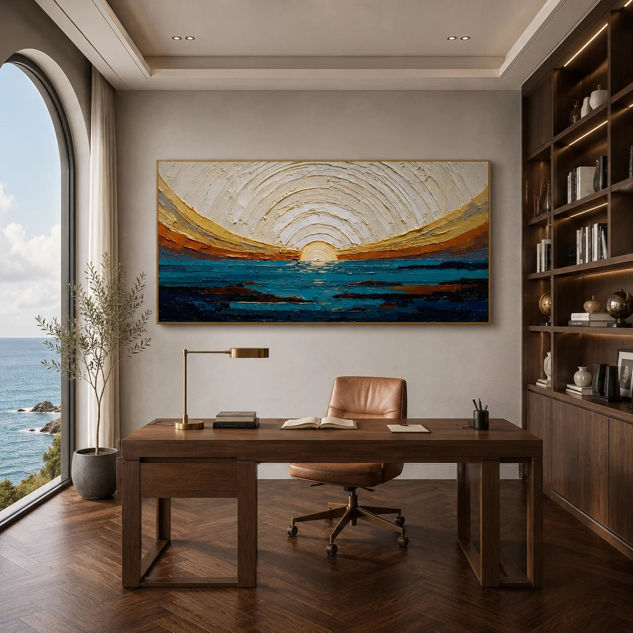 100% Hand-Painted Modern Abstract Ocean Sunrise Oil Painting | Textured Impasto Seascape Wall Art | Minimalist Coastal Horizon Panoramic Canvas | Original Contemporary Seascape Artwork by Ownanart # OA 1185