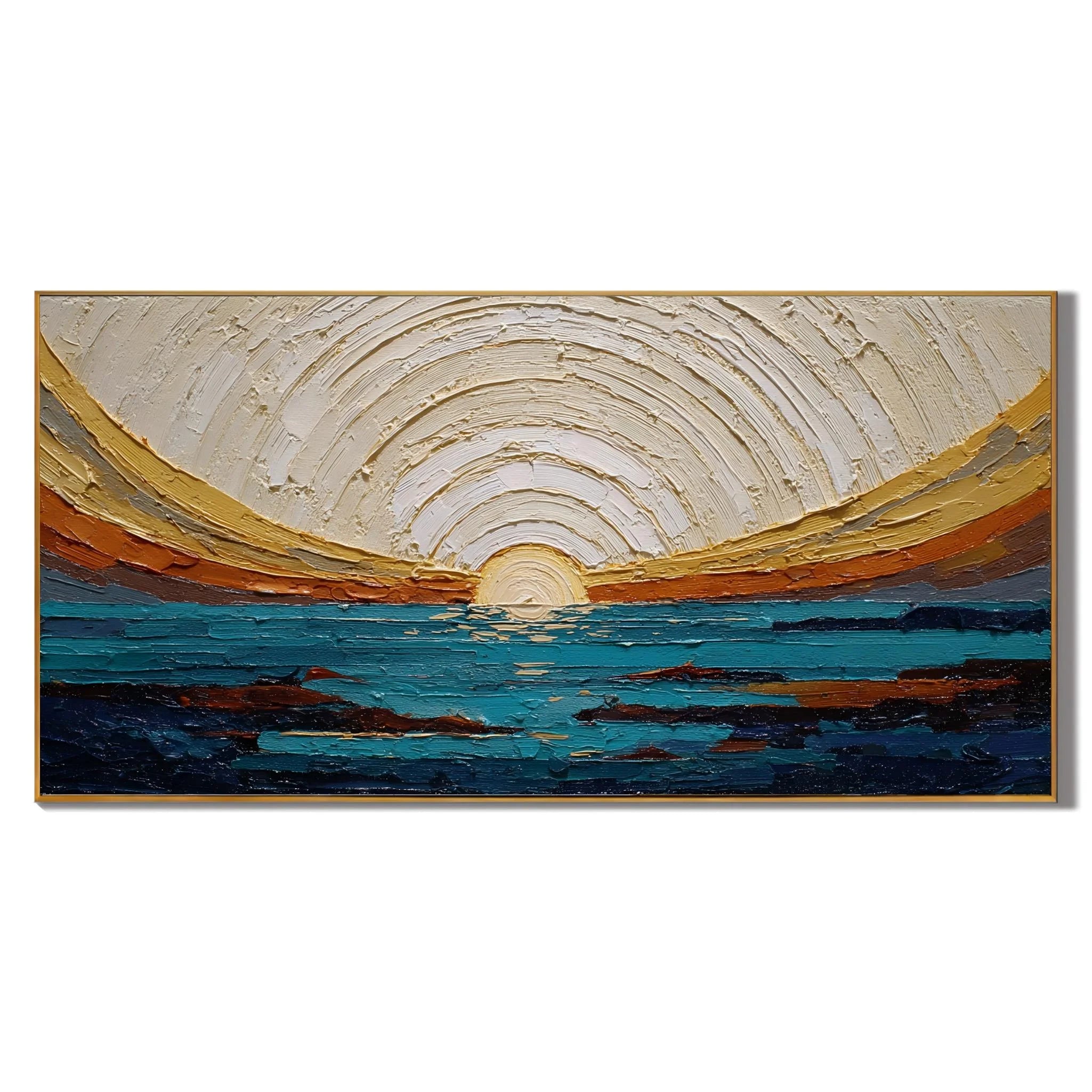 100% Hand-Painted Modern Abstract Ocean Sunrise Oil Painting | Textured Impasto Seascape Wall Art | Minimalist Coastal Horizon Panoramic Canvas | Original Contemporary Seascape Artwork by Ownanart # OA 1185