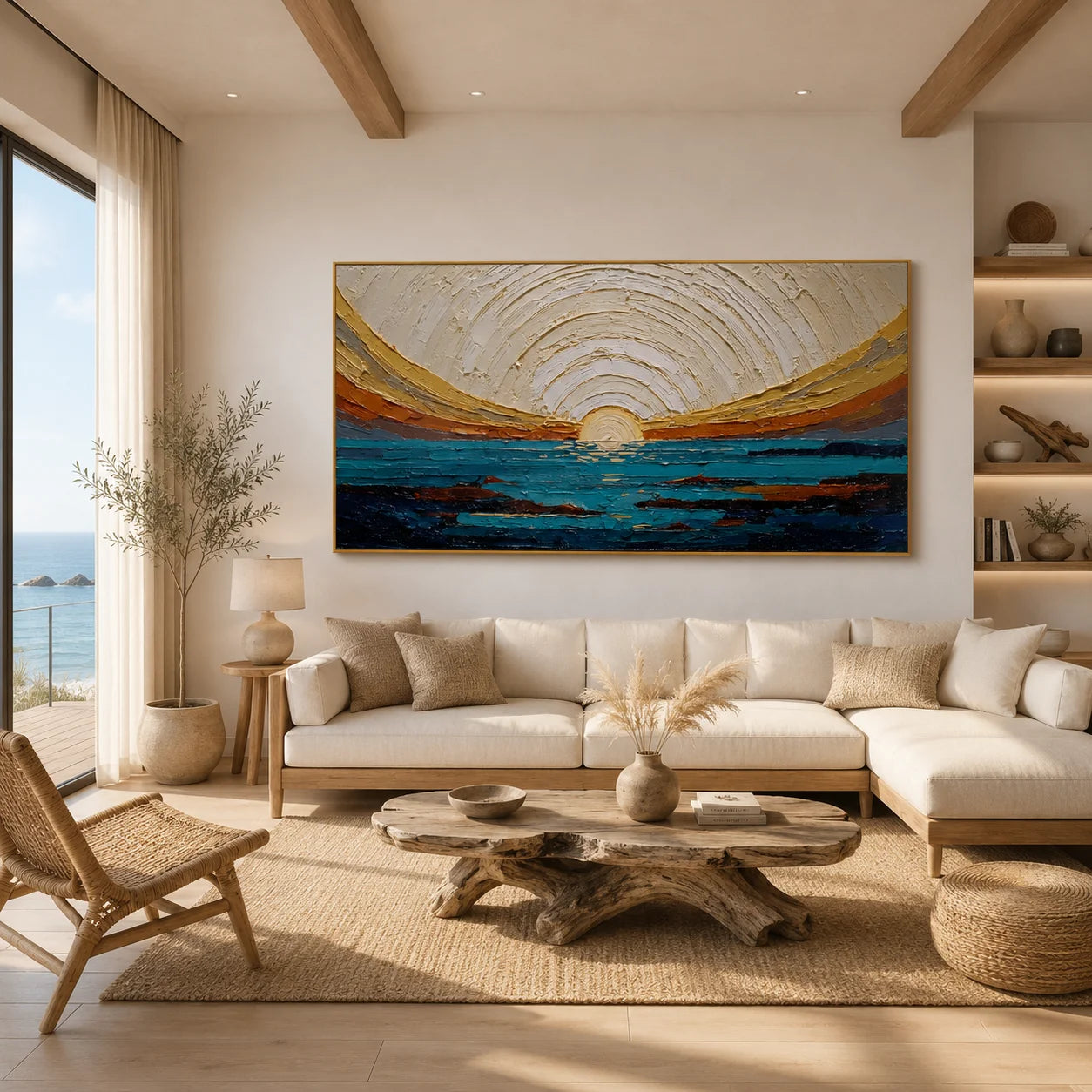 100% Hand-Painted Modern Abstract Ocean Sunrise Oil Painting | Textured Impasto Seascape Wall Art | Minimalist Coastal Horizon Panoramic Canvas | Original Contemporary Seascape Artwork by Ownanart # OA 1185