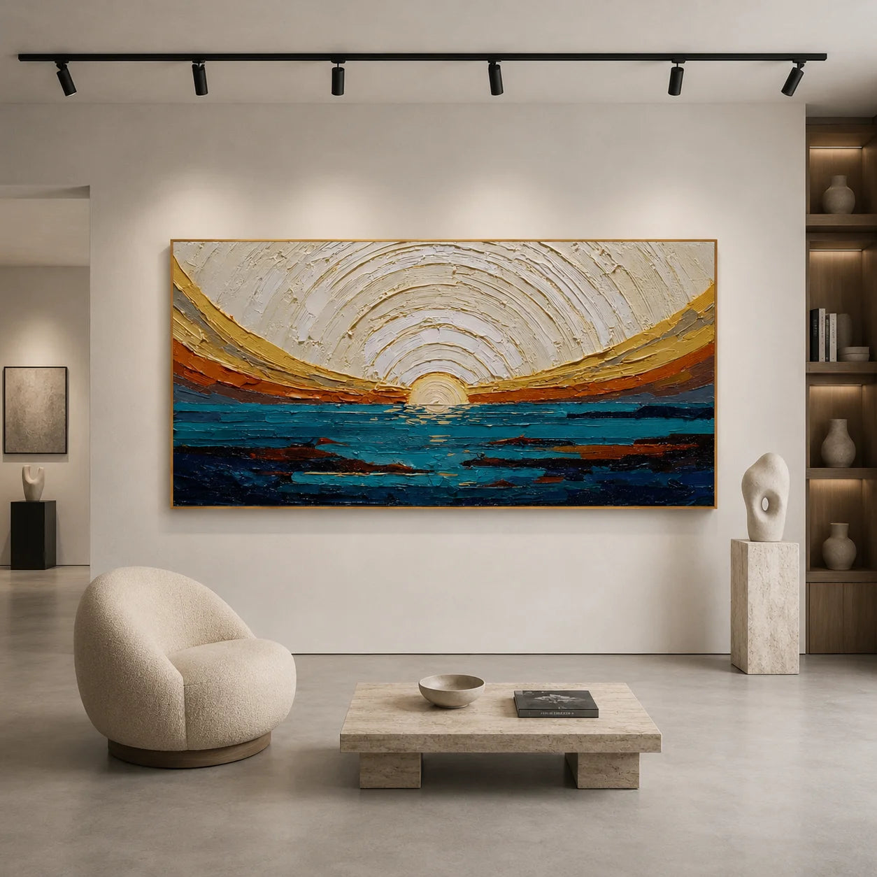 100% Hand-Painted Modern Abstract Ocean Sunrise Oil Painting | Textured Impasto Seascape Wall Art | Minimalist Coastal Horizon Panoramic Canvas | Original Contemporary Seascape Artwork by Ownanart # OA 1185