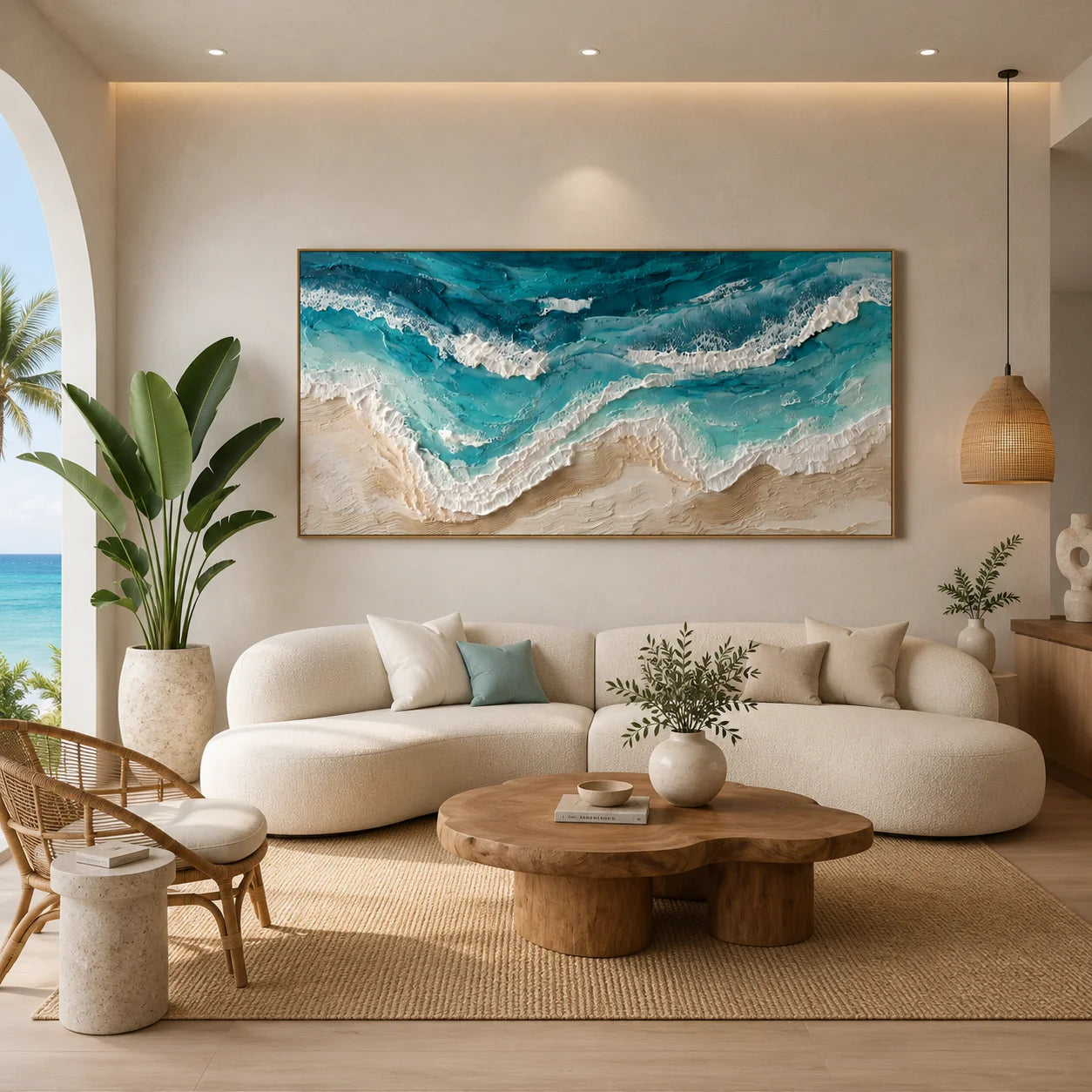 100% Hand-Painted Modern Abstract Ocean Wave Texture Oil Painting | Aerial Coastal Seascape Wall Art | Impasto Turquoise Ocean Surf Canvas | Contemporary Coastal Panoramic Artwork for Living Room by Ownanart # OA 1186