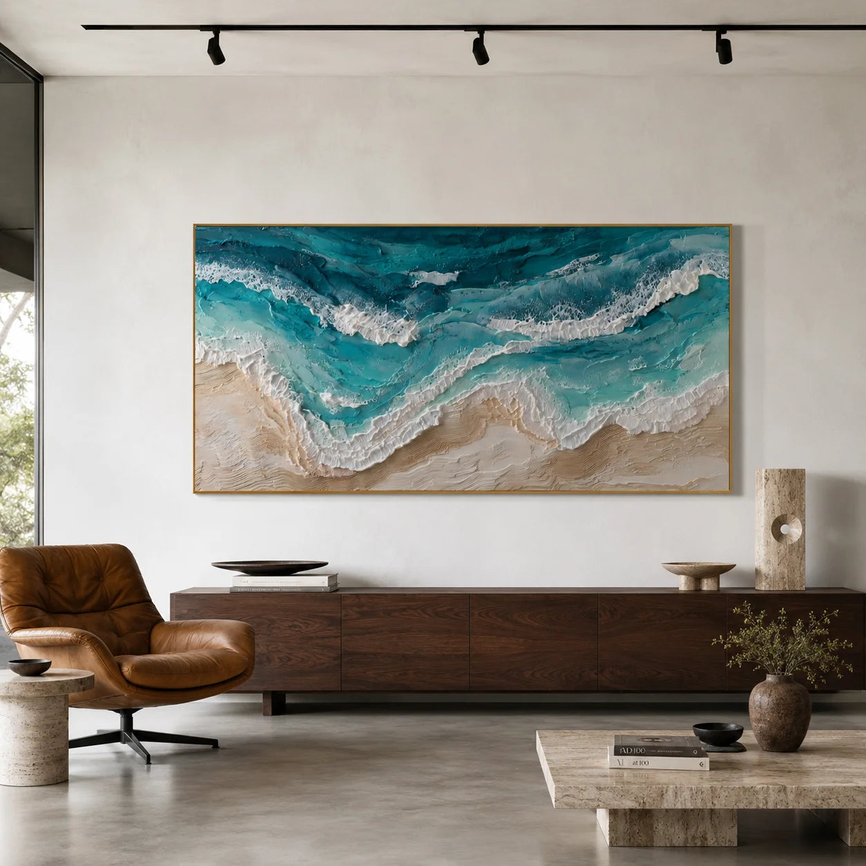 100% Hand-Painted Modern Abstract Ocean Wave Texture Oil Painting | Aerial Coastal Seascape Wall Art | Impasto Turquoise Ocean Surf Canvas | Contemporary Coastal Panoramic Artwork for Living Room by Ownanart # OA 1186