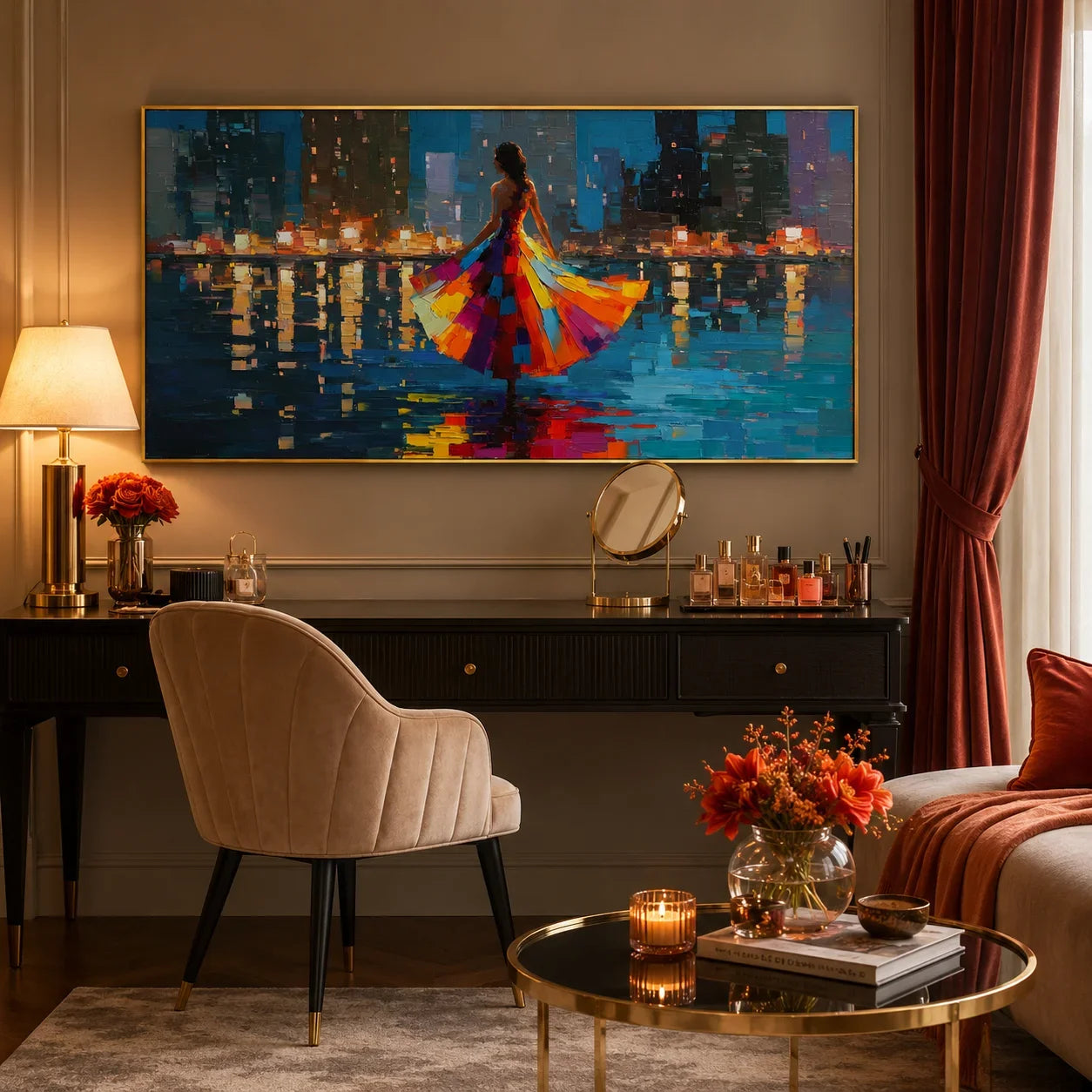 100% Hand-Painted Modern Cityscape Figure Oil Painting | Abstract Colorful Dress Woman with Night Skyline Wall Art | Original Impasto Urban Reflection Canvas | Contemporary Living Room Artwork by Ownanart # OA 1196