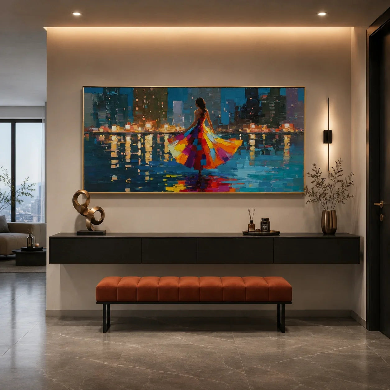100% Hand-Painted Modern Cityscape Figure Oil Painting | Abstract Colorful Dress Woman with Night Skyline Wall Art | Original Impasto Urban Reflection Canvas | Contemporary Living Room Artwork by Ownanart # OA 1196
