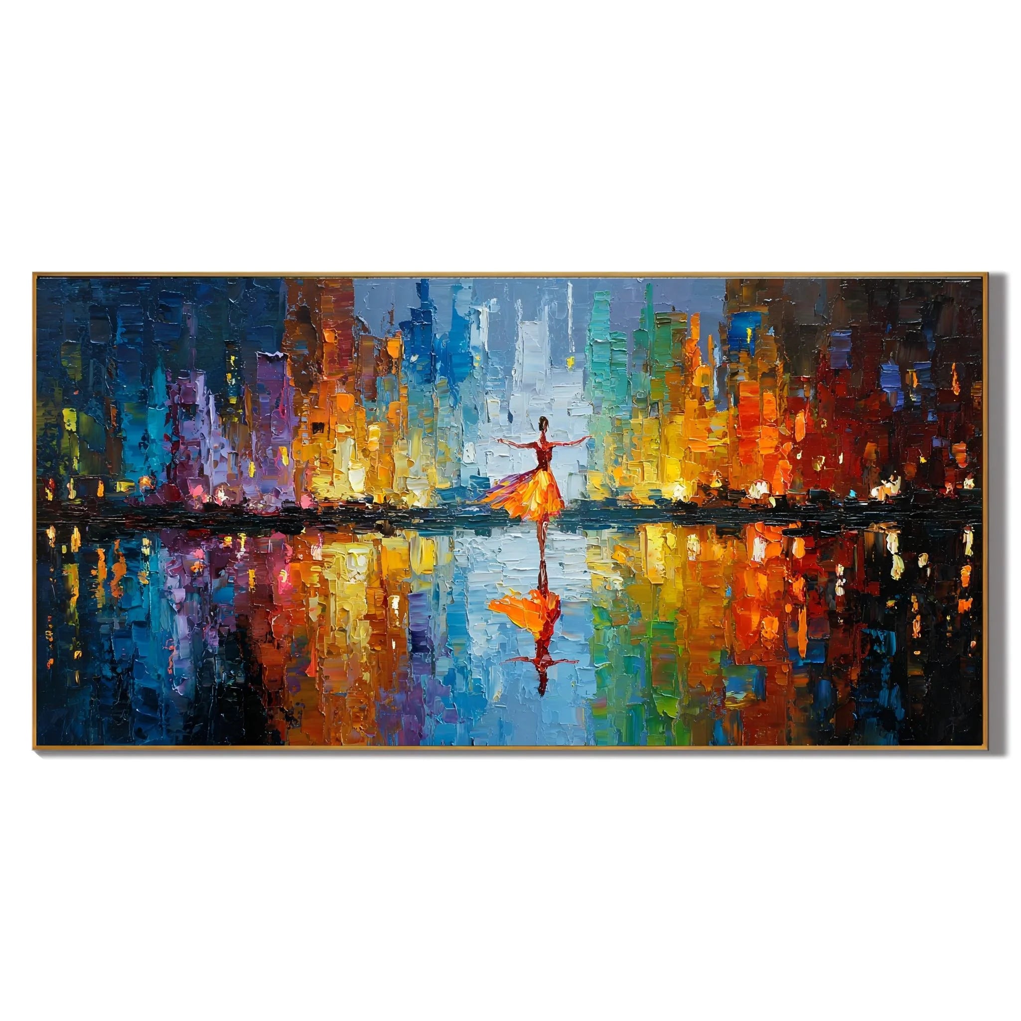 100% Hand-Painted Modern Cityscape Oil Painting | Abstract Skyline with Dancing Figure Wall Art | Colorful Night Lights Reflection Impasto Canvas | Original Contemporary Urban Artwork for Living Room by Ownanart # OA 1194