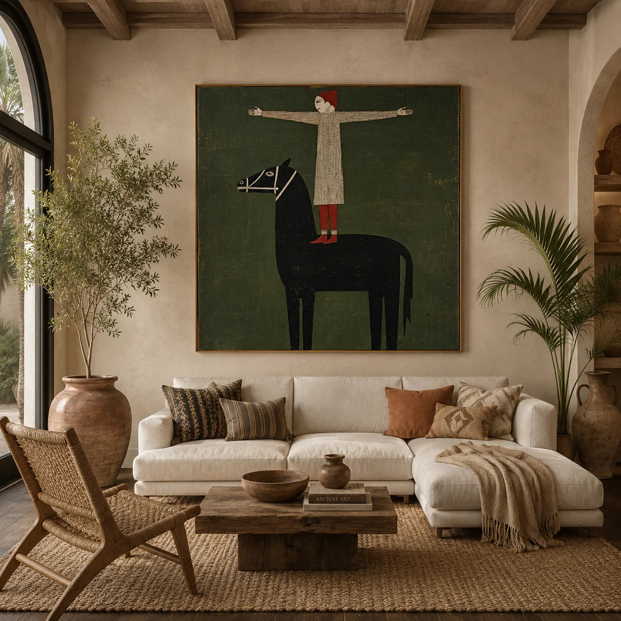 100% Hand-Painted Modern Figure & Black Horse Oil Painting | Nordic Folk Abstract Wall Art | Original Surreal Human & Animal Canvas by Ownanart # OA 1164