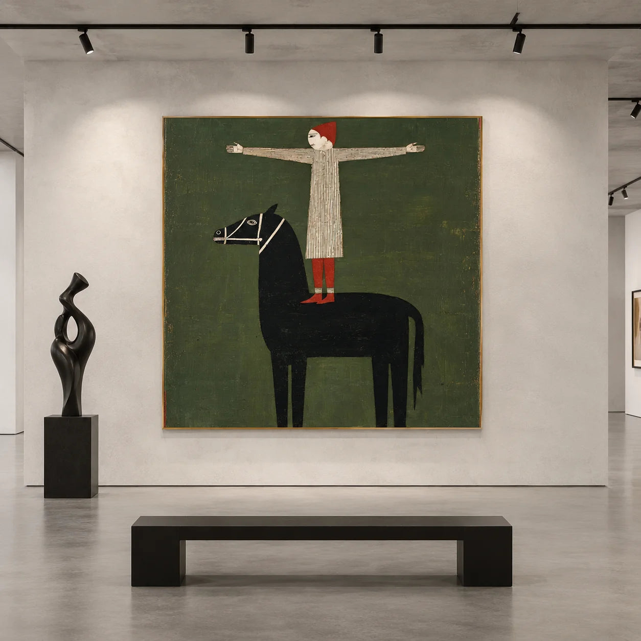 100% Hand-Painted Modern Figure & Black Horse Oil Painting | Nordic Folk Abstract Wall Art | Original Surreal Human & Animal Canvas by Ownanart # OA 1164