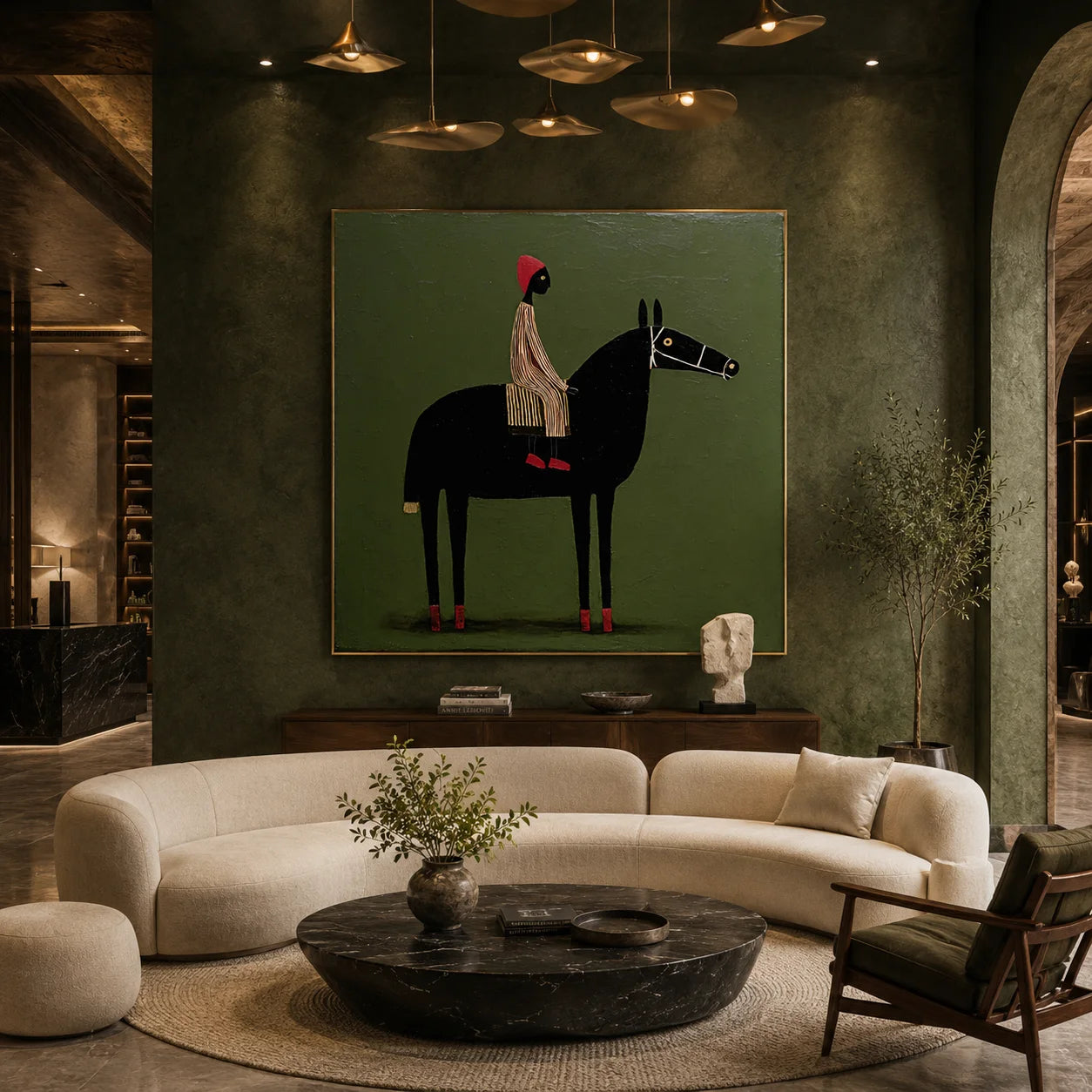 100% Hand-Painted Modern Figure & Black Horse Oil Painting | Nordic Folk Minimalist Abstract Wall Art | Original Rider & Horse Canvas by Ownanart # OA 1166