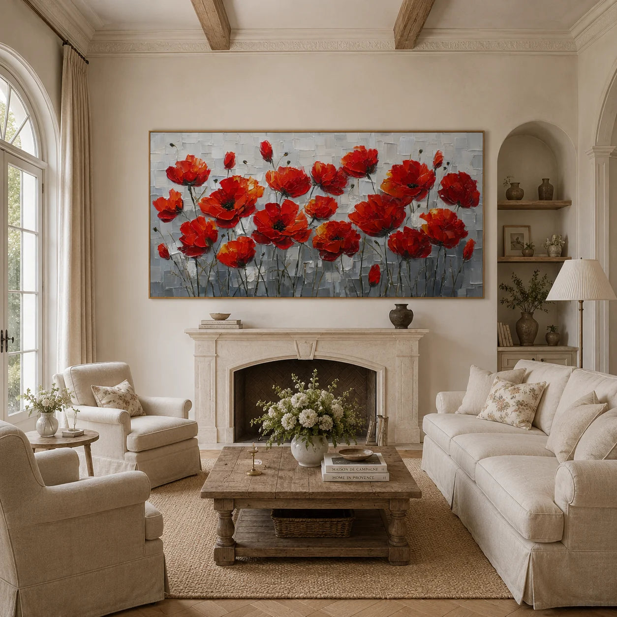 100% Hand-Painted Red Poppy Flower Oil Painting | Modern Abstract Floral Wall Art | Original Red Blossom Textured Canvas | Panoramic Botanical Home Decor by Ownanart # OA 1182