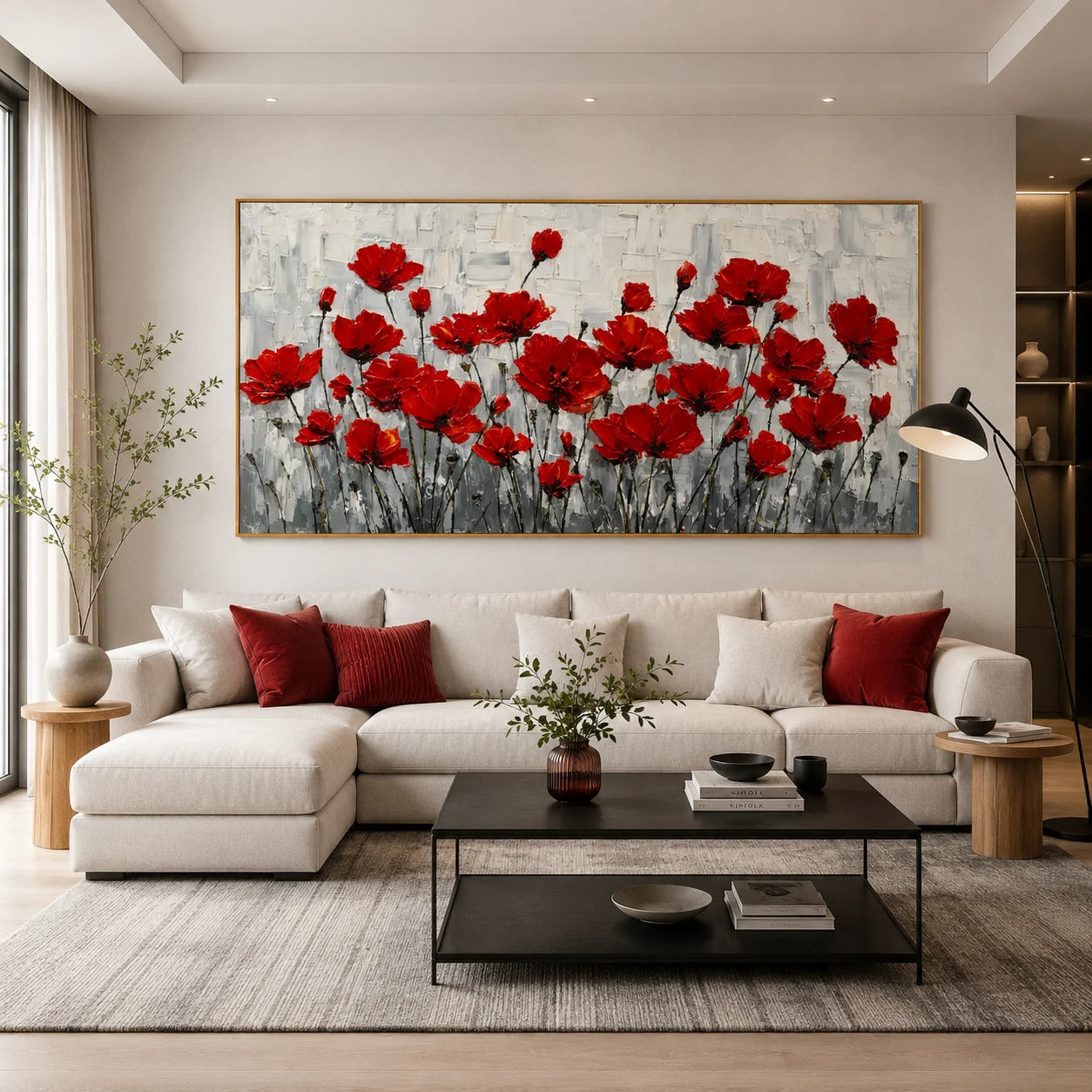 100% Hand-Painted Red Poppy Flower Oil Painting | Modern Floral Impasto Wall Art | Nordic Luxury Botanical Panoramic Canvas | Original Contemporary Flower Artwork for Living Room, Dining Room & Bedroom by Ownanart # OA 1188