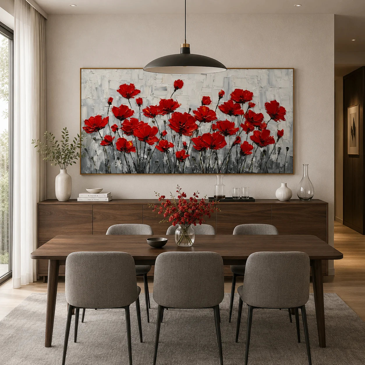 100% Hand-Painted Red Poppy Flower Oil Painting | Modern Floral Impasto Wall Art | Nordic Luxury Botanical Panoramic Canvas | Original Contemporary Flower Artwork for Living Room, Dining Room & Bedroom by Ownanart # OA 1188