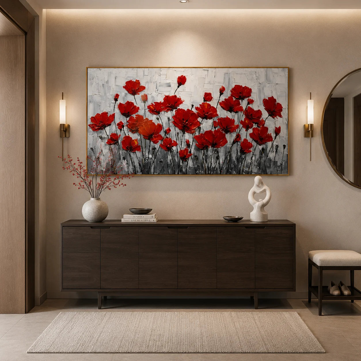 100% Hand-Painted Red Poppy Flower Oil Painting | Modern Floral Impasto Wall Art | Nordic Luxury Botanical Panoramic Canvas | Original Contemporary Flower Artwork for Living Room, Dining Room & Bedroom by Ownanart # OA 1188