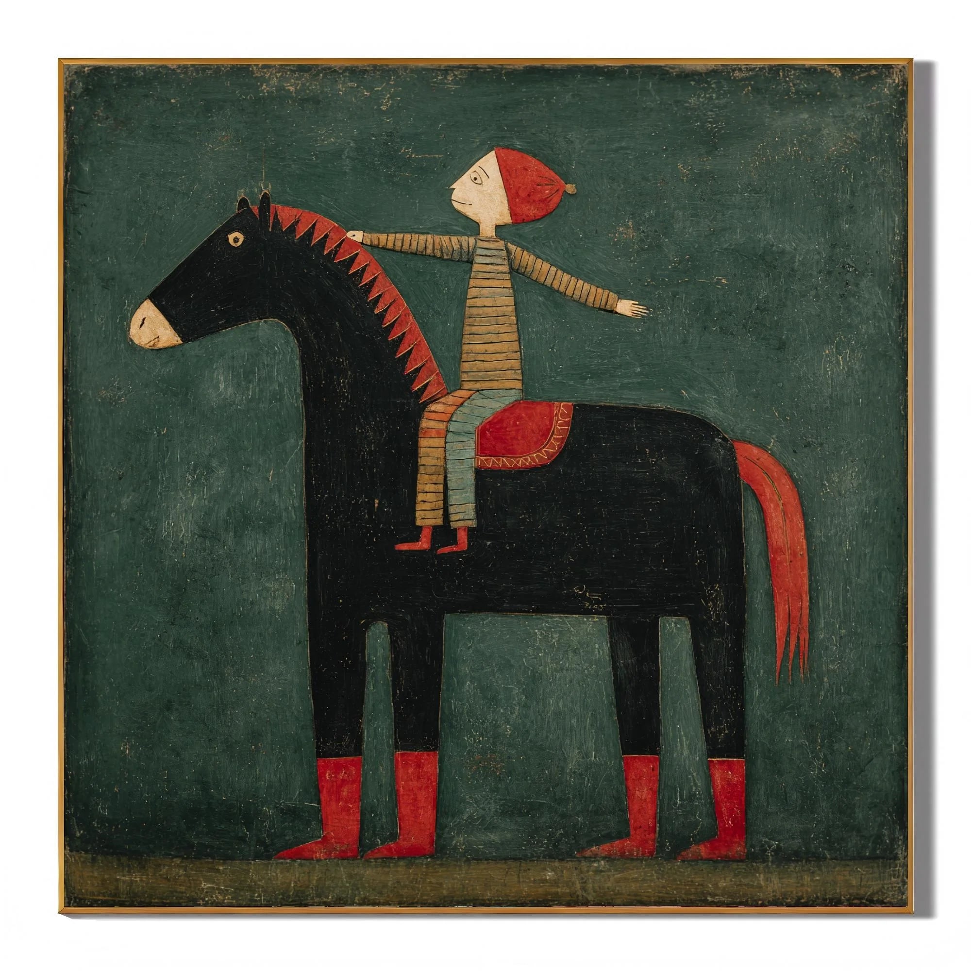 100% Hand-Painted Rider & Black Horse Oil Painting | Modern Nordic Folk Abstract Wall Art | Original Vintage Figure & Horse Canvas by Ownanart # OA 1170