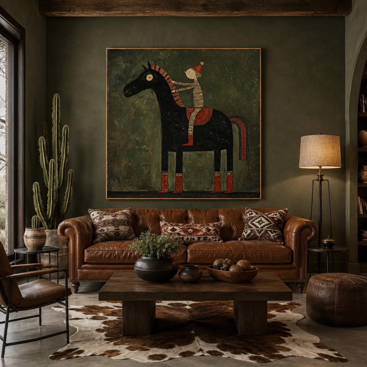 100% Hand-Painted Rider & Black Horse Oil Painting | Modern Nordic Folk Abstract Wall Art | Original Vintage Figure & Horse Canvas by Ownanart # OA 1169