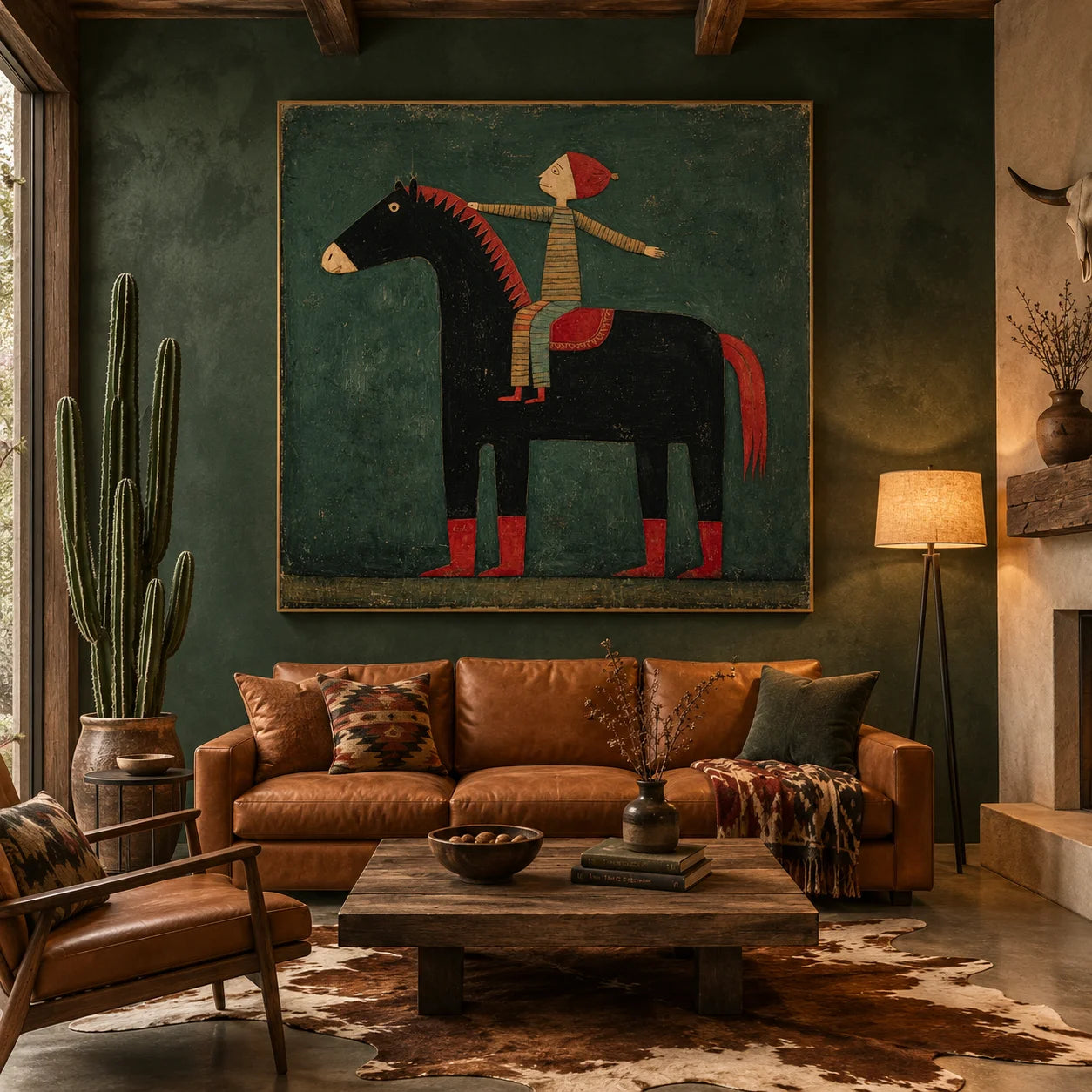 100% Hand-Painted Rider & Black Horse Oil Painting | Modern Nordic Folk Abstract Wall Art | Original Vintage Figure & Horse Canvas by Ownanart # OA 1170