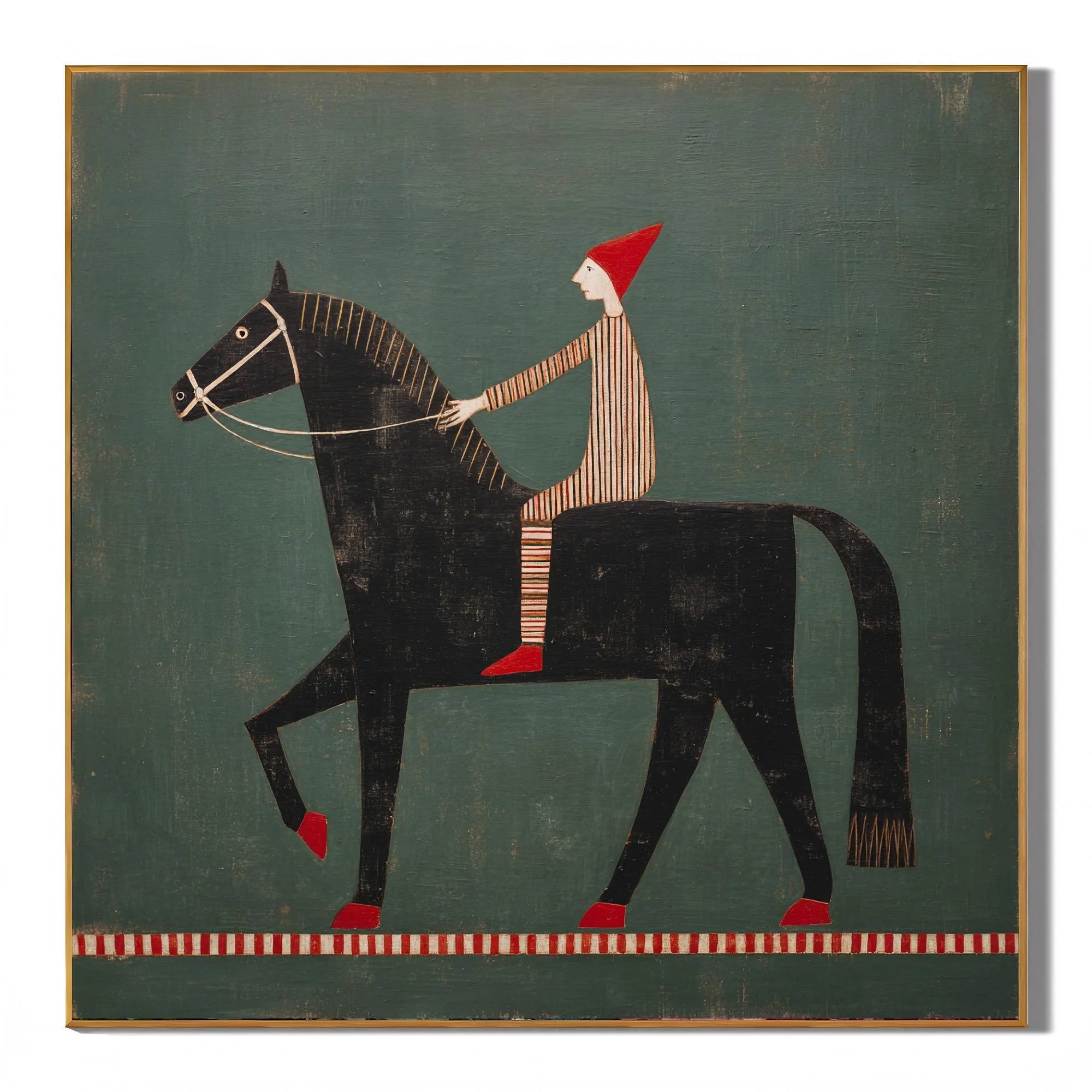 100% Hand-Painted Rider & Black Horse Oil Painting | Modern Nordic Folk Abstract Wall Art | Original Vintage Figure on Horse Canvas by Ownanart # OA 1165