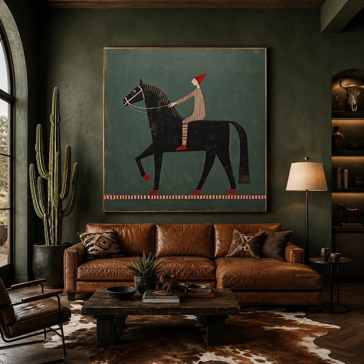 100% Hand-Painted Rider & Black Horse Oil Painting | Modern Nordic Folk Abstract Wall Art | Original Vintage Figure on Horse Canvas by Ownanart # OA 1165