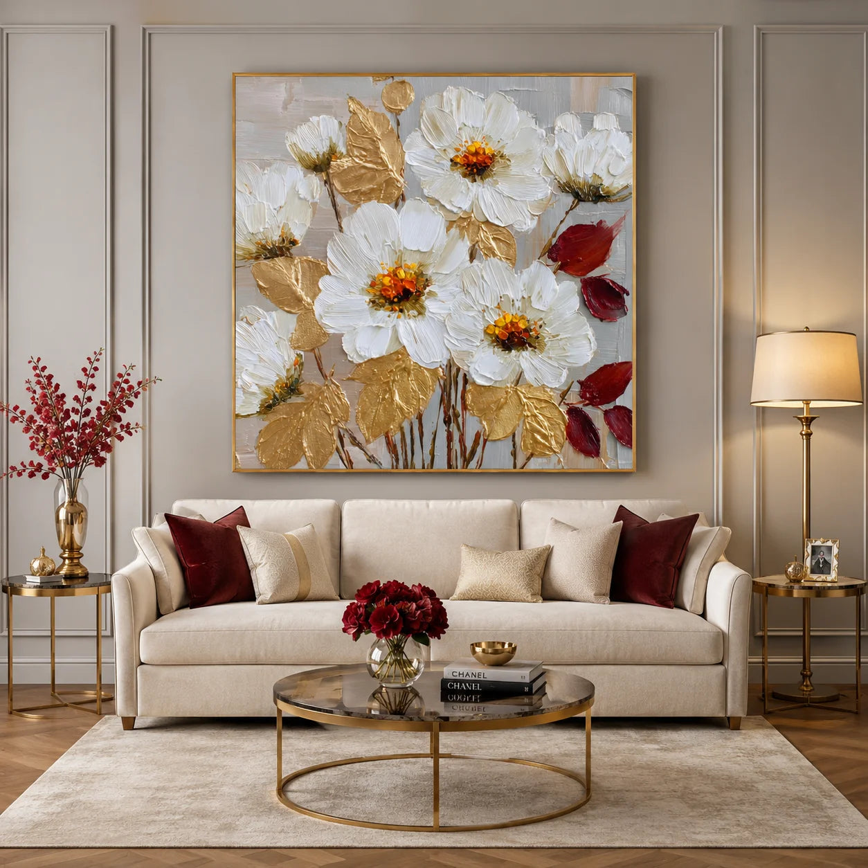 100% Hand-Painted White Floral Oil Painting | Modern Abstract Textured Flower Wall Art | Gold Leaf Impasto Botanical Canvas by Ownanart # OA 1160