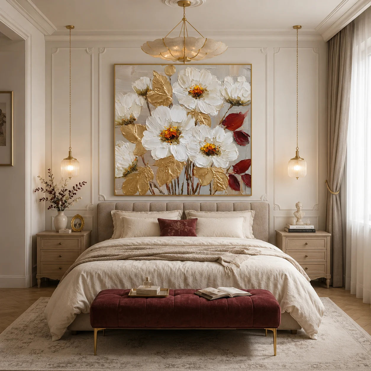 100% Hand-Painted White Floral Oil Painting | Modern Abstract Textured Flower Wall Art | Gold Leaf Impasto Botanical Canvas by Ownanart # OA 1160