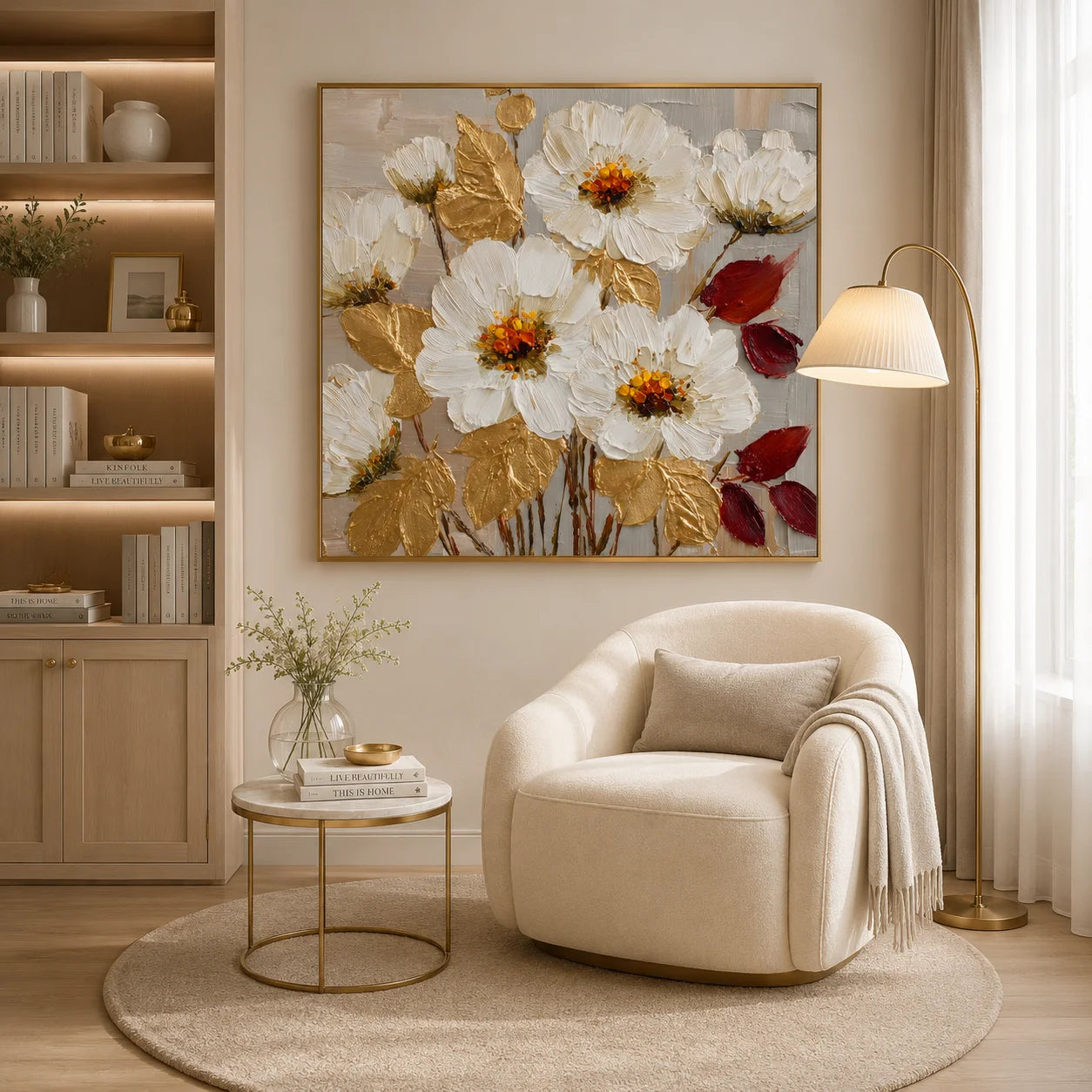 100% Hand-Painted White Floral Oil Painting | Modern Abstract Textured Flower Wall Art | Gold Leaf Impasto Botanical Canvas by Ownanart # OA 1160